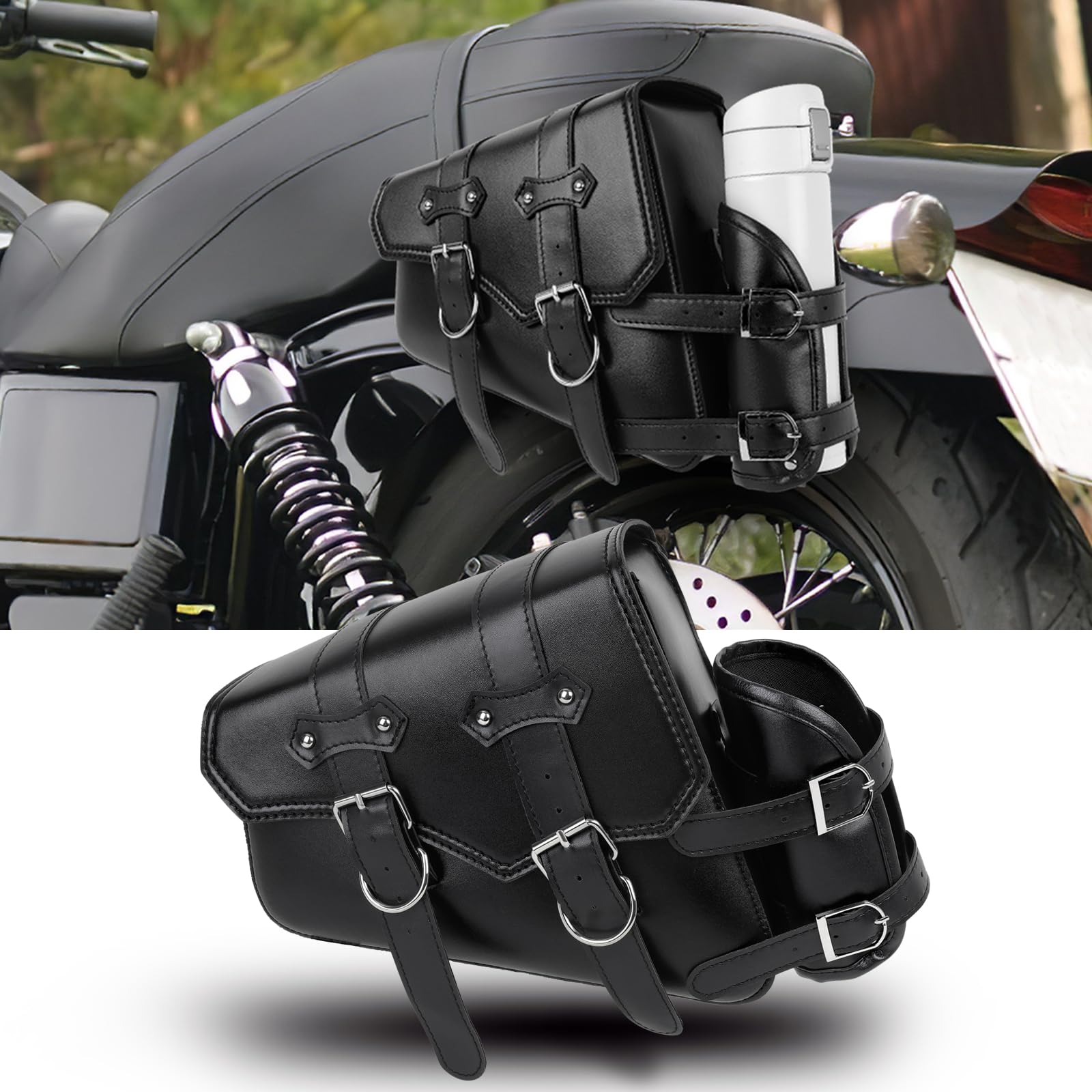 DREAMIZER Bolsa de Sillín Lateral de Cuero Sintético para Motocicleta con Brazo Oscilante Compatible Harley Honda Kawasaki Suzuki Yamaha