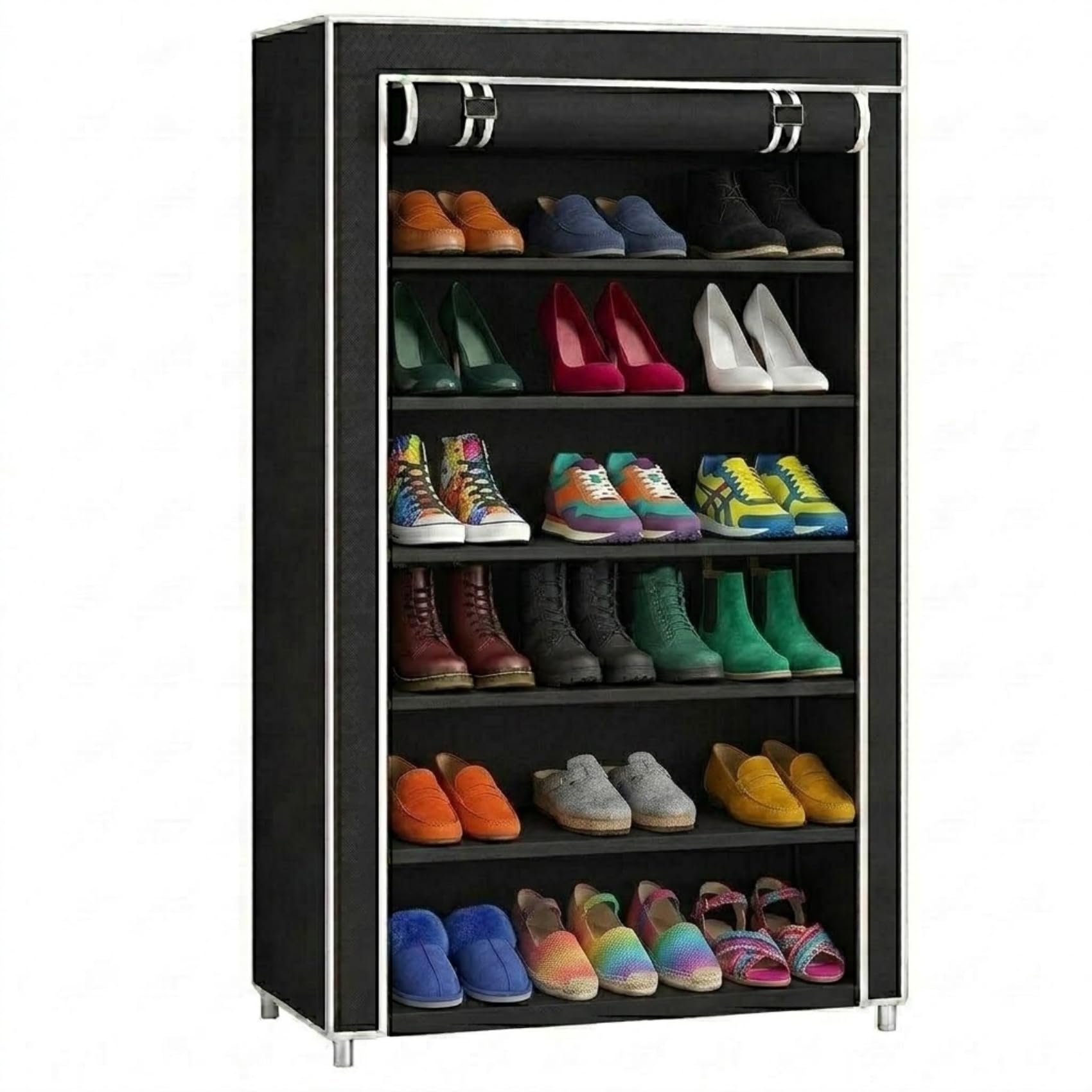 EASY BUY 6 Layer Black Shoe Rack with Cover, Plastic Rack 6 Shelves with Zip Door Cover & Side Pocket | Dustproof Storage Organizer for Footwear, Clothes, Toy, Shoe Rack Plastic, Slipper Stand-image-24