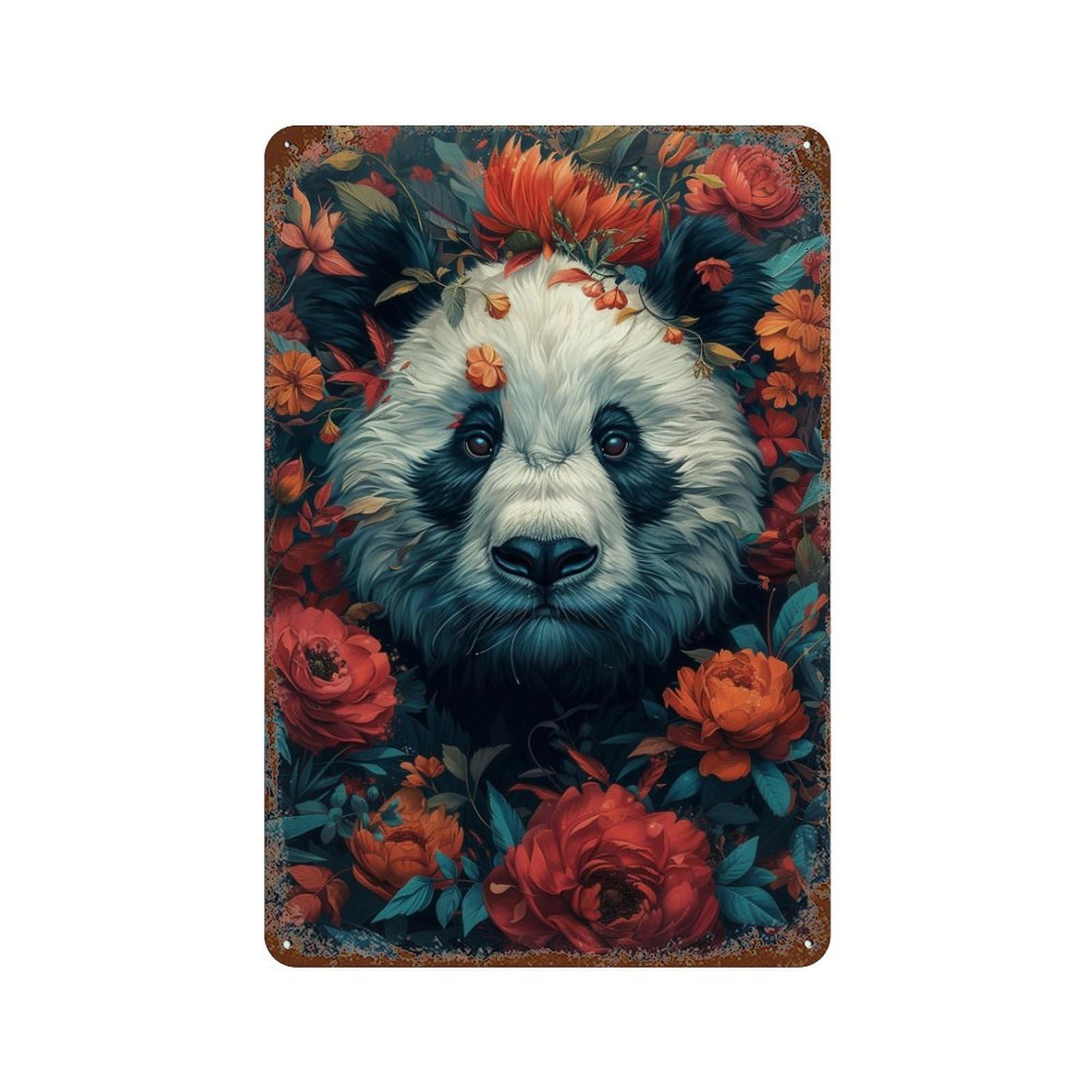 Decorative Tin Sign with Panda in Flowers Design 11.8"x7.9", for Basement, Hobby Room And Garage Decor, Farmhouse Wall Decor