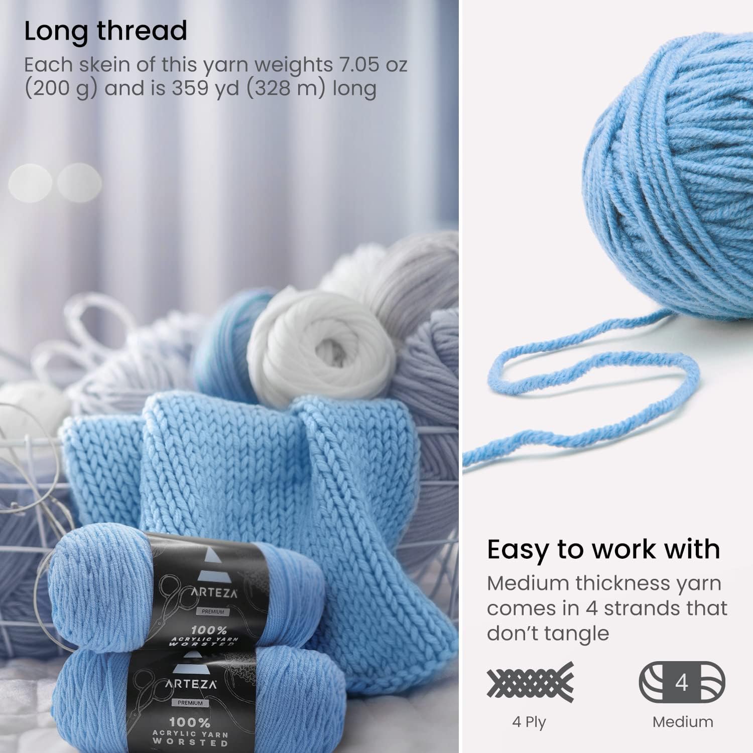 ARTEZA Acrylic Yarn for Crocheting, 4 x 200-g Skeins of Worsted Yarn for Knitting, Trip to Fiji A500, Knitting & Crochet Supplies