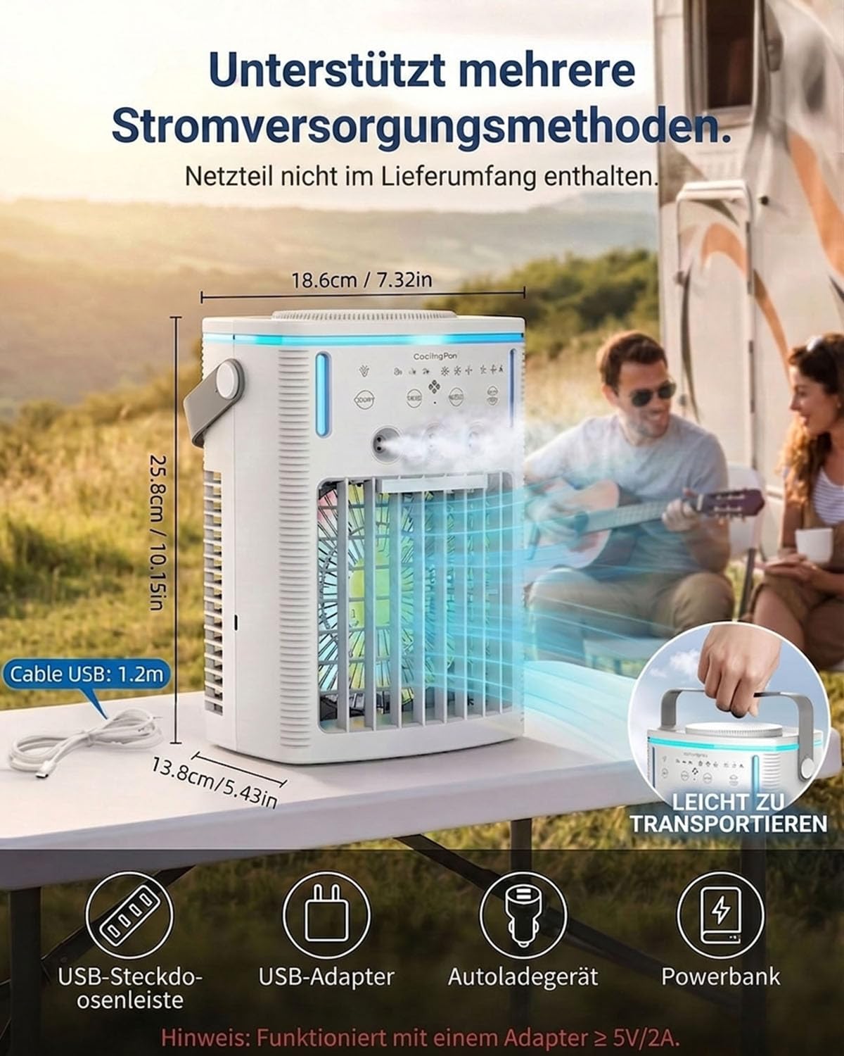 Mobile Klimaanlage, 4-in-1 Mini Klimagerät mit 1000ml Wassertank, 3-in-1 Nebel & 3 Windstufen, Touch & Fernbedienung, 2/4/8h Timer, 7 Farben Nachtlicht, Typ-C, Ideal für Zuhause, Büro, Camping, Auto