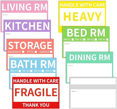 Ououstate 300 Count 2 x 3 Removable Home Moving Box Packing Labels for 1/2/3/4 Bedroom Rooms, 9 Designs Waterproof Color-Coded Moving Stickers Including Fragile Heavy and Blank Labels