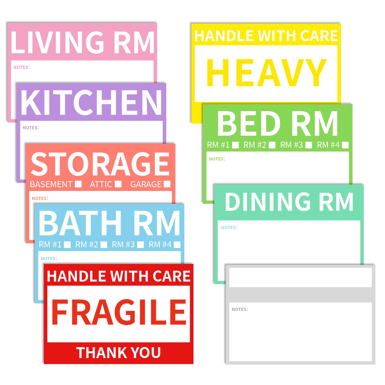 600 Pcs 2” x 3’’ Removable Home Moving Box Packing Labels for 1/2/3/4 Bedroom Rooms, 9 Designs Pre-Printed Color-Coded Moving Stickers Including