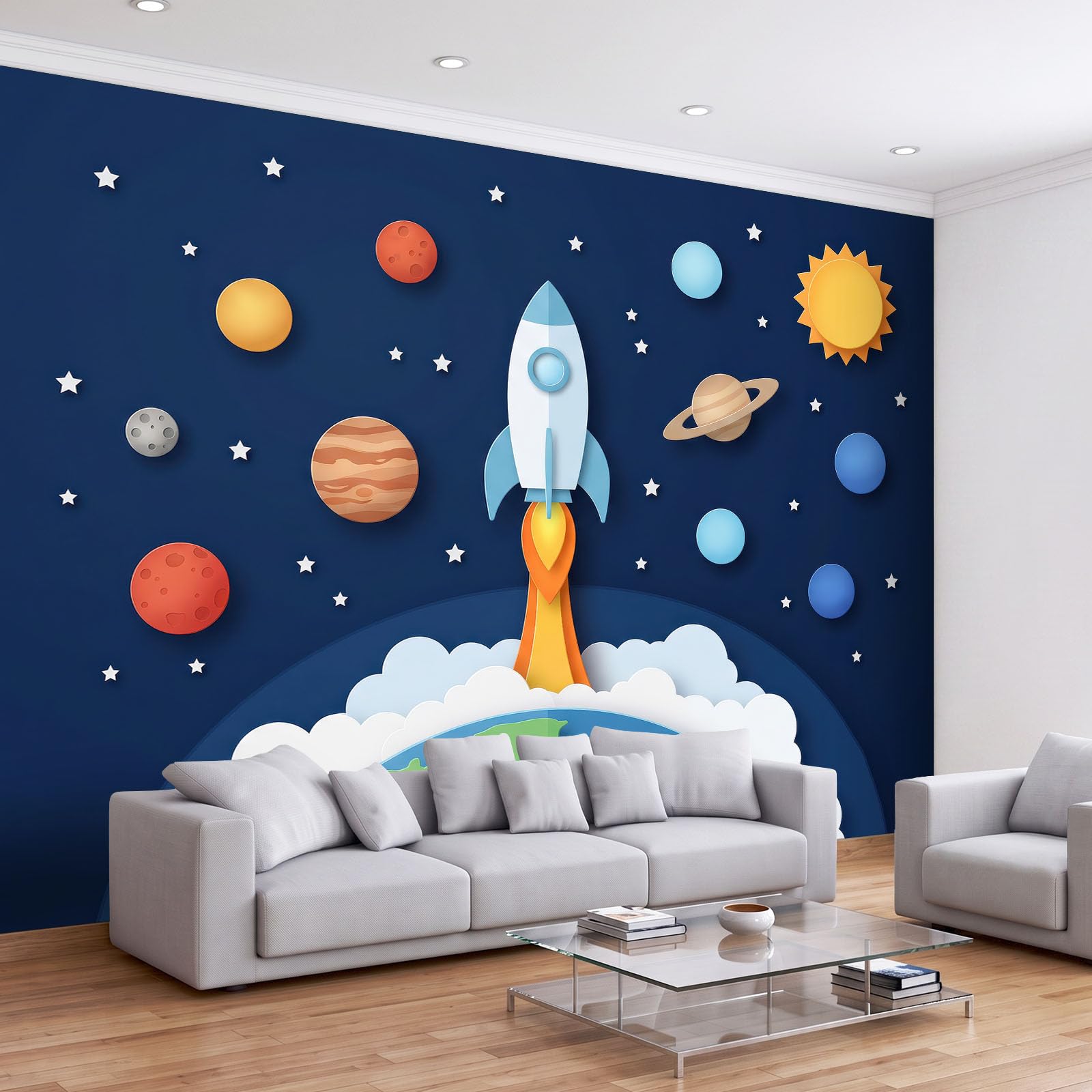 250 x 175 cm, fototapeta z włókniny, na wymiar, kreskówka, kosmos, rakieta, granatowa, fotorealistyczny, druk HD, tapeta na flizelinie, tapeta z motywem, dekoracja ścienna, dekoracja ścienna, tapeta