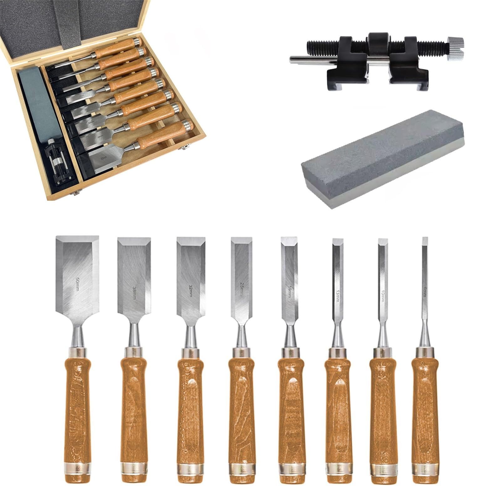 Juego de cinceles para madera de 8 piezas, juego de cinceles para carpintería con piedra de afilar, guía de afilado y estuche de almacenamiento, juego de cinceles para tallar madera, carpintería