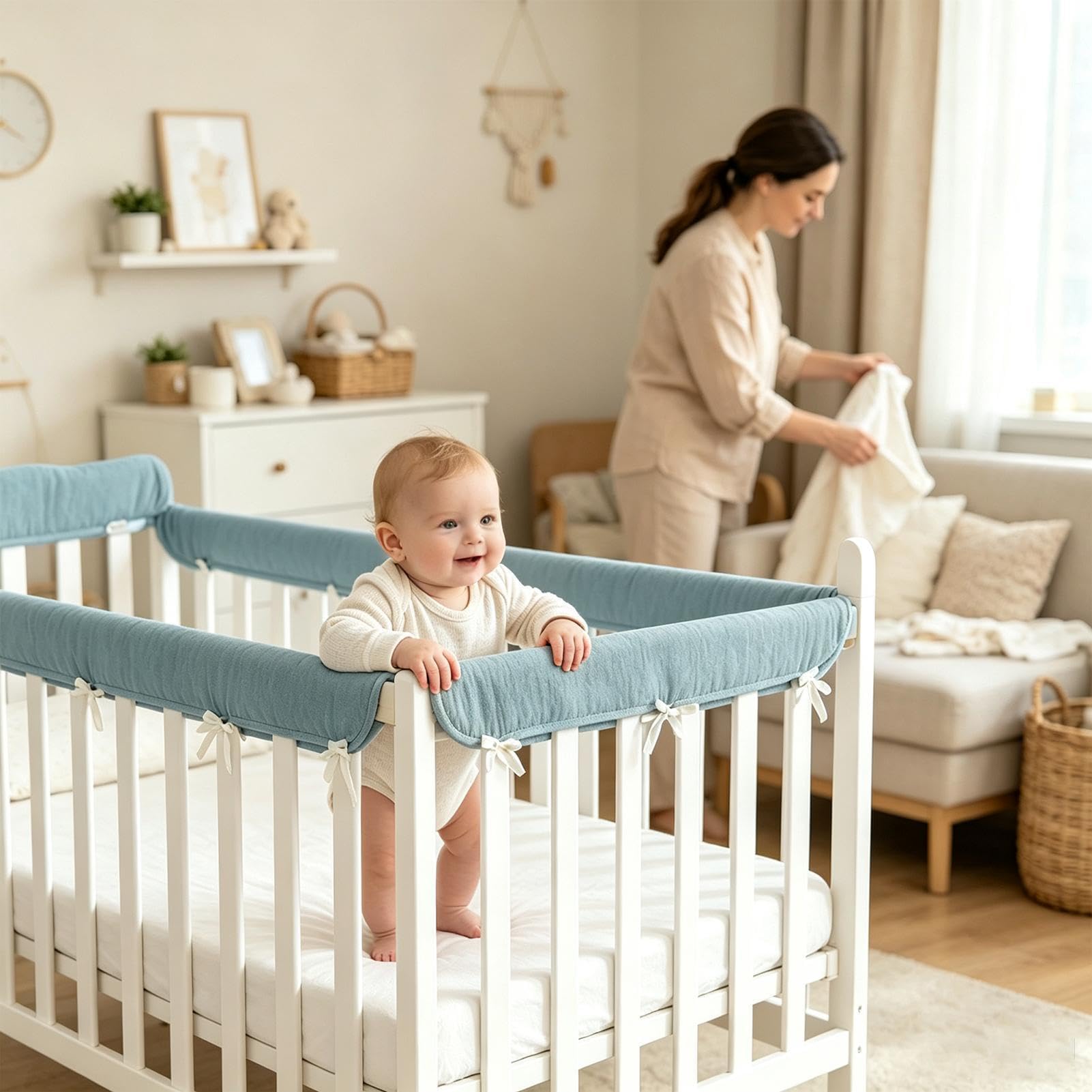 Mull - Protezione per lettino, 2 pezzi, con cinghie regolabili | Materassino fasciatoio per culla per le stagioni calde e la cameretta dei bambini, griglia di protezione per il letto