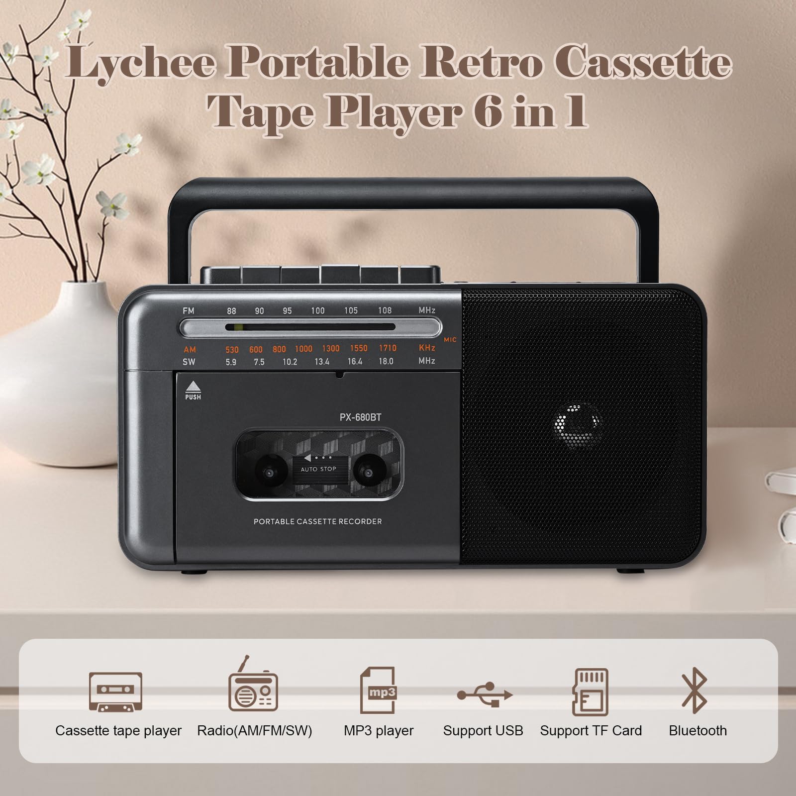Portable Cassette Tape Player Recorder,AM/FM/SW Radio Stereo With Bluetooth,USB/SD, Big 10W