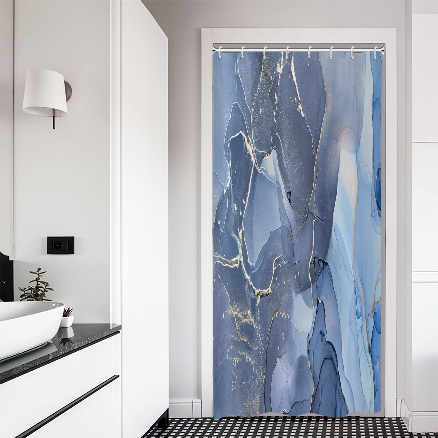 ASDCXZ Shower Curtain Blue Gold Marble 120x200 cm, Modern Abstract Blue Gold White Marble Optic Texture Washable Shower Curtains Polyester Textile Waterproof Shower Curtain for Bathtub with 8 Hooks