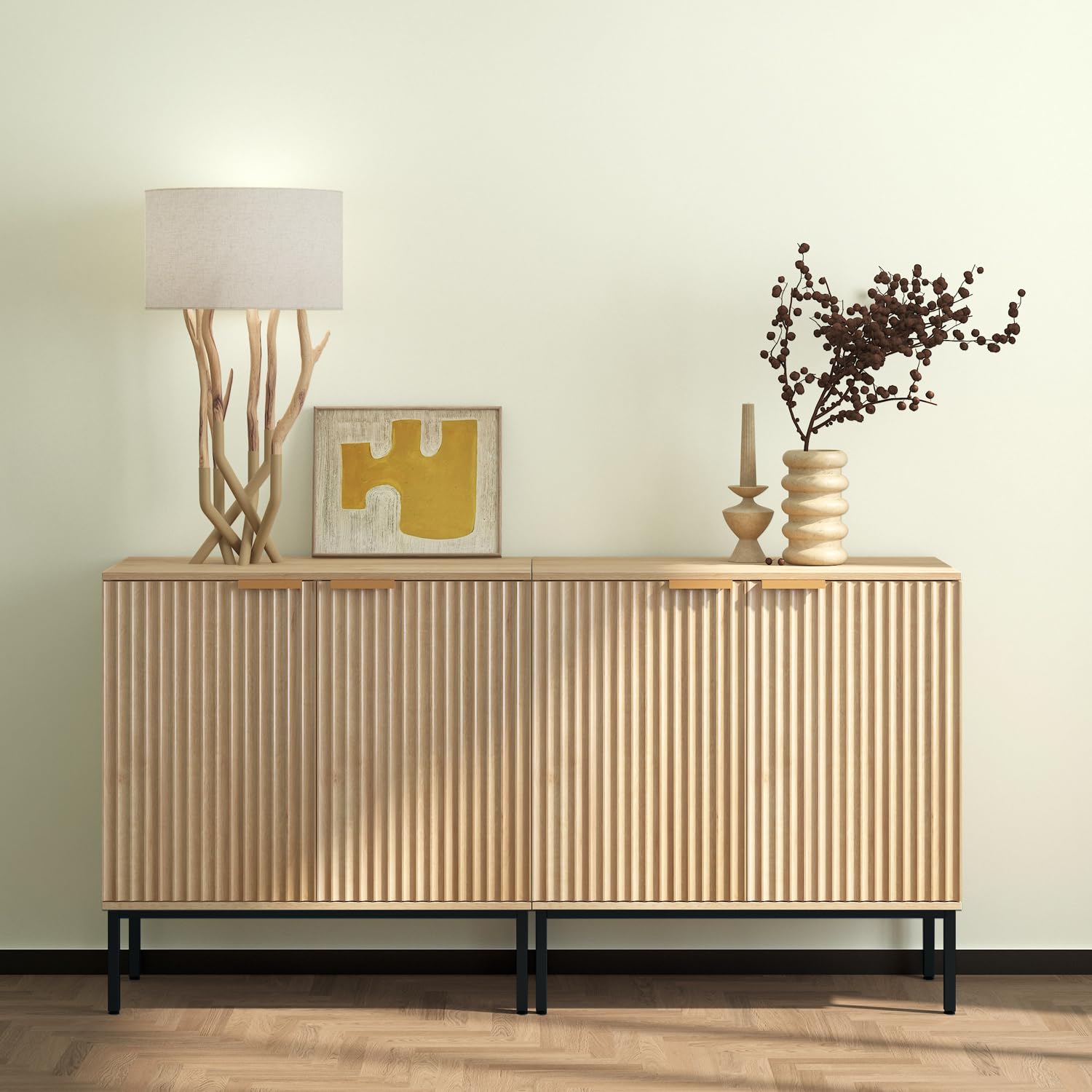 Fluted Sideboard Cabinet, Buffet Cabinet with Storage,Fluted Cabinet, Wooden Cabinet with Doors and Shelves, Accent Console Cabinet for Living Dining Room, Entryway(2 PCS,Natural Oak)