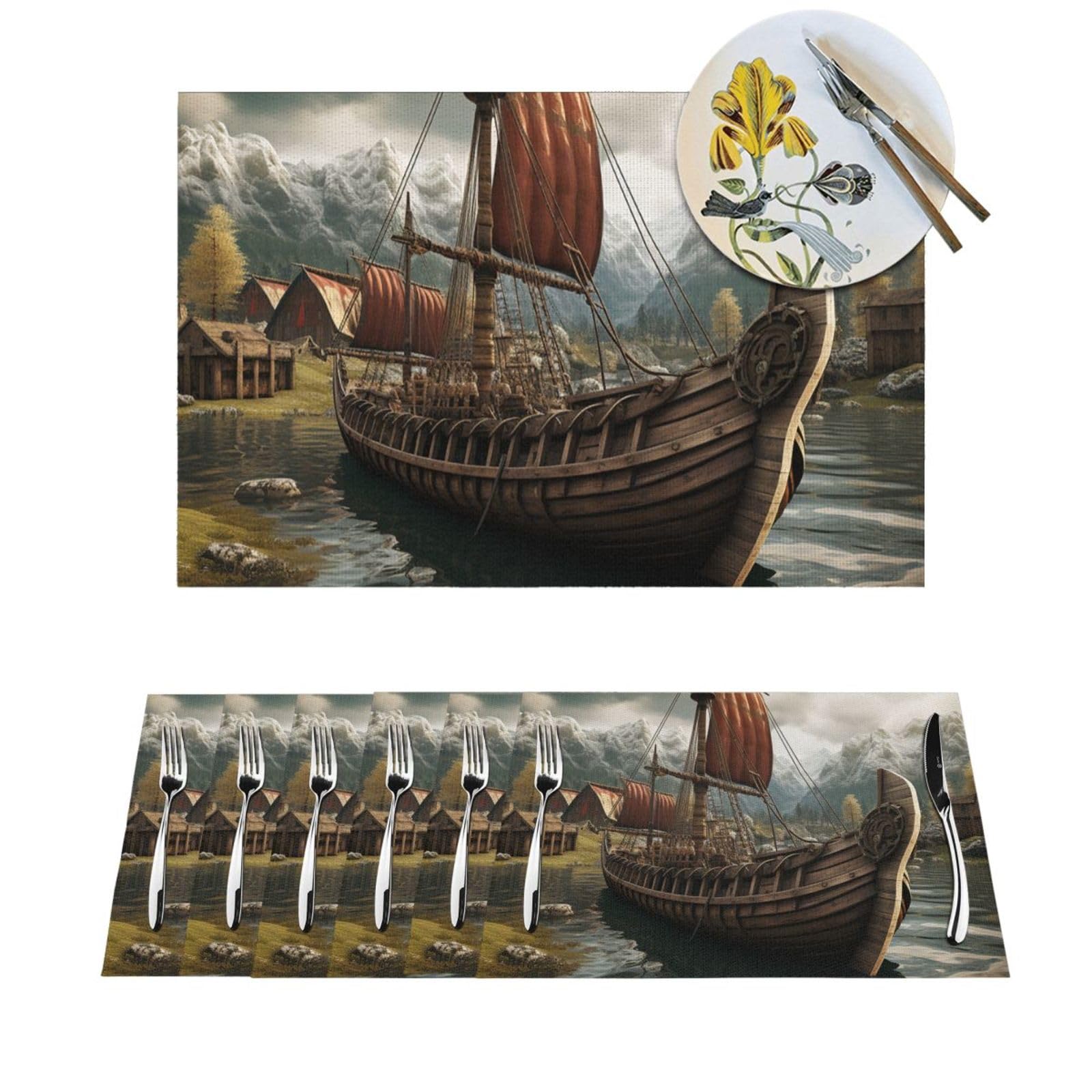 Sets de table lavables anti-tache résistant chaleur bateau viking