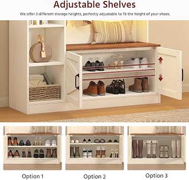 TVU Hall Tree with Bench & Shoe Storage, Farmhouse Entryway Bench with Coat Racks & Led Lights, Entryway Solution with 7 Storage Cubbies, 10 Double Hooks, Adjustable Shelf & Barn door