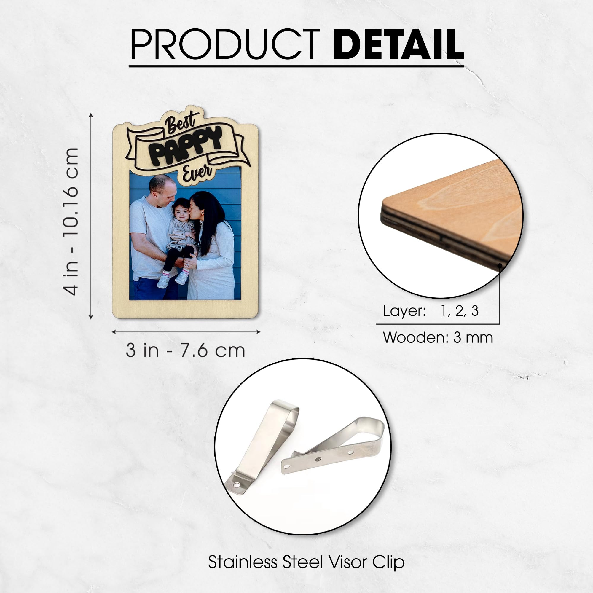 Hangwoous Car Visor Picture Frame - Wallet-Sized Wooden Photo Frame with Visor Clip for Cars - Christmas Gifts for Dad, Grandpa