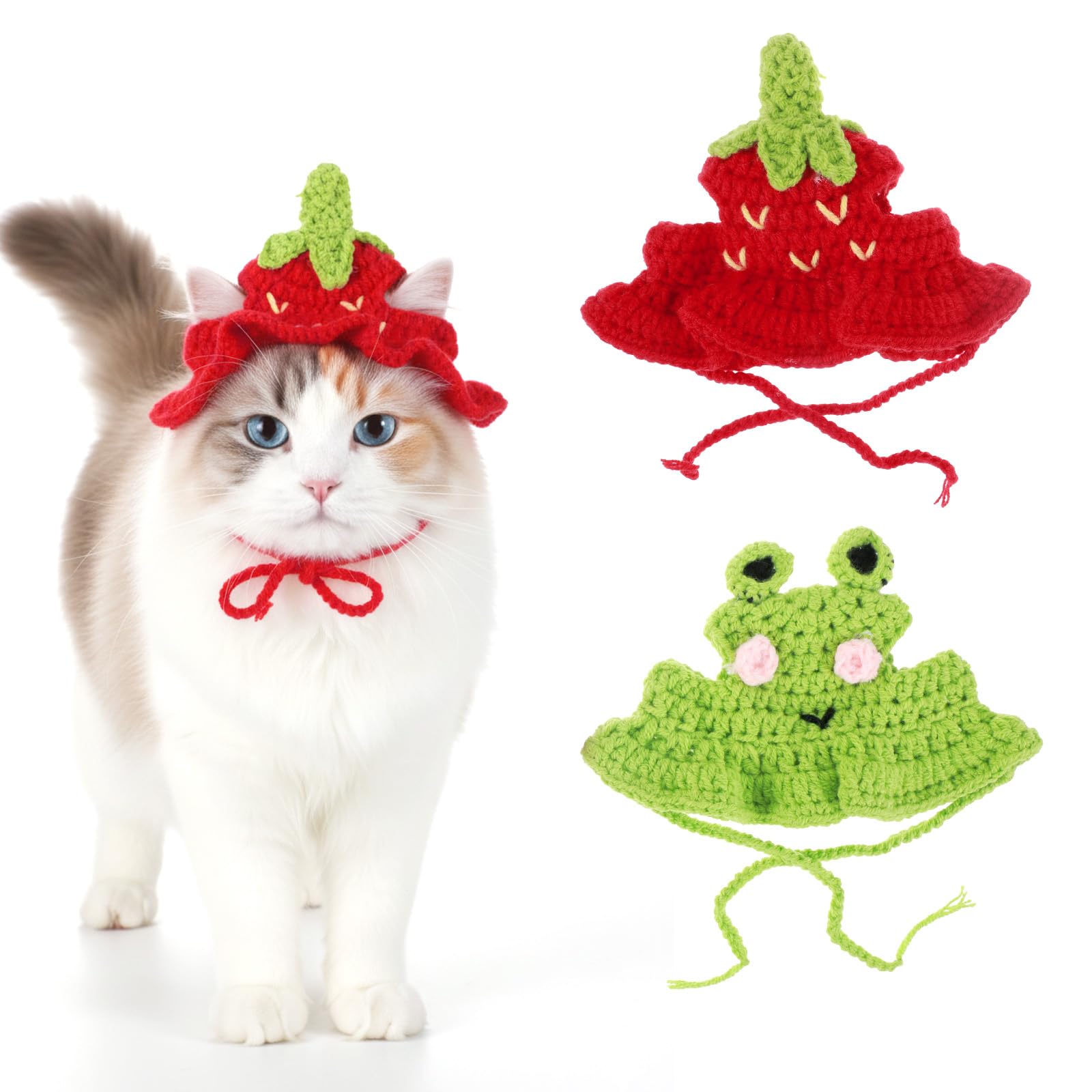 2pcs Cat Birthday Hat Cat Hat Frog And Strawberry Cartoon Strawberry Design Knit Cotton Soft Cute Knitted Hats for Cats Kitten Hats Crochet Only Puppy Small Pets On Christmas Birthday Party Halloween
