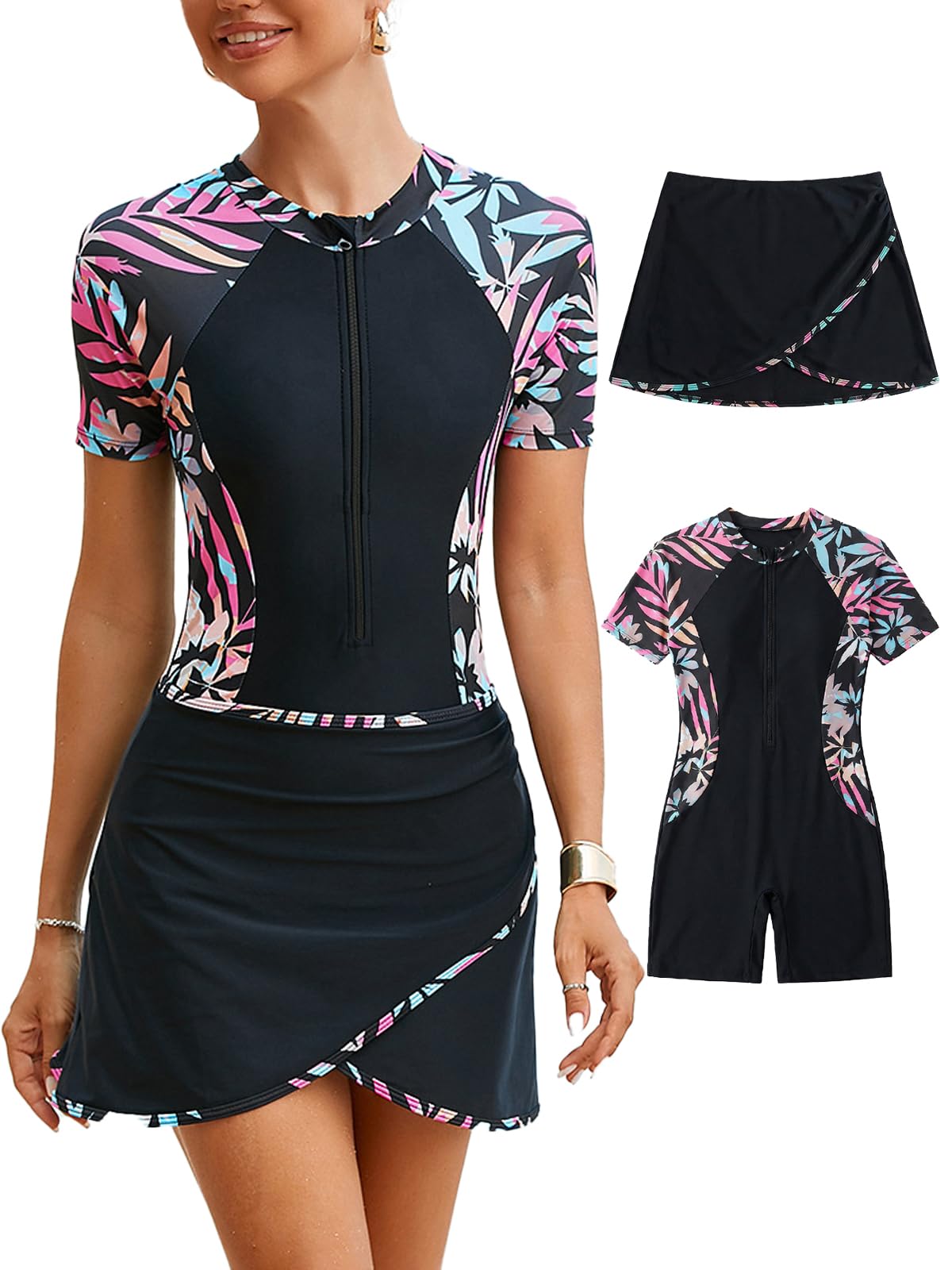 SHEKINI Costume da bagno da donna a due pezzi, a maniche corte, da surf, con cerniera, costume da bagno con protezione anti-rash guard + gonna da bagno