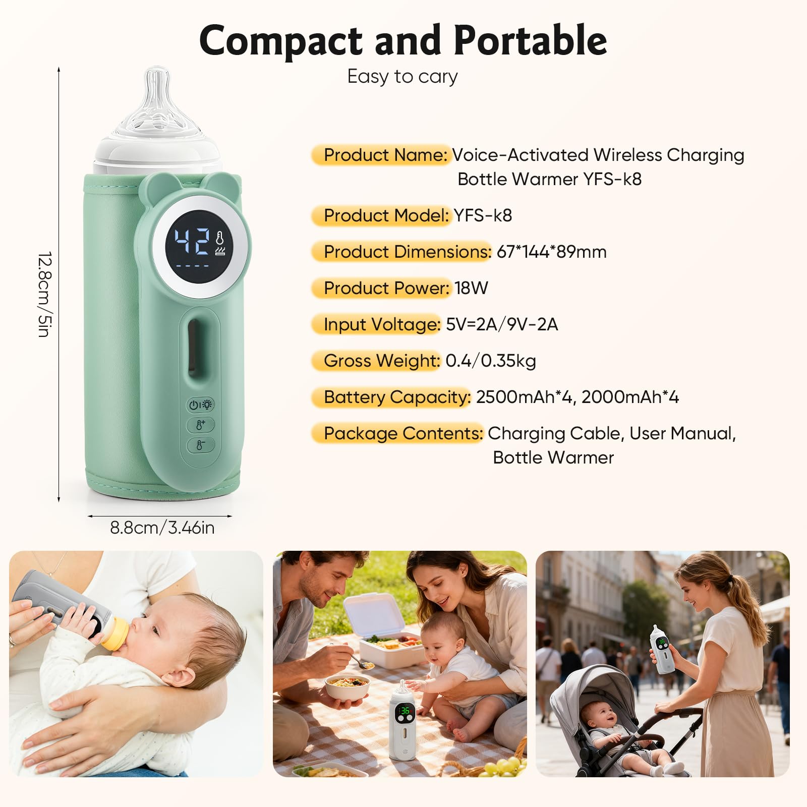 Scaldabiberon portatile in viaggio, controllo della temperatura a 11 livelli e display LED, riscaldamento rapido senza acqua, batteria da 10400 mAh, con luce notturna per viaggi e casa (verde)