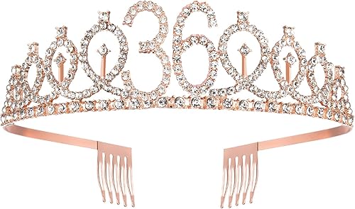 Miniatura 3 de BRT Bearingshui Banda y tiara de cumpleaños número 36 para mujer, corona de banda de cumpleaños de oro rosa 36 y fabulosa banda y tiara para mujer,
