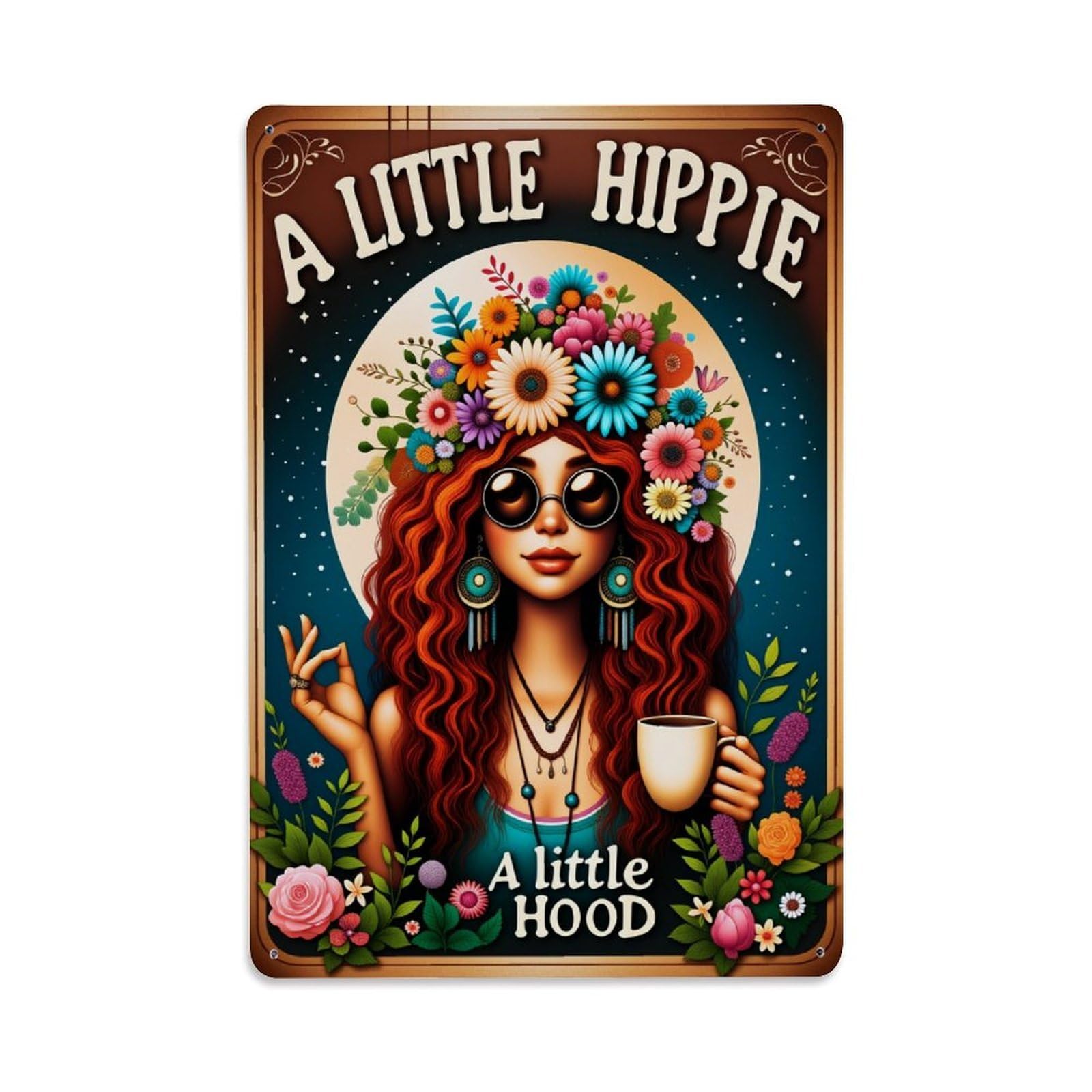Enderetf Vintage Floral Crown Hippie Woman Coffee Tin Sign Metal Poster, Home Bar Garage Man Cave Cafe Indoor & Outdoor Wall Decoration 8X12inches