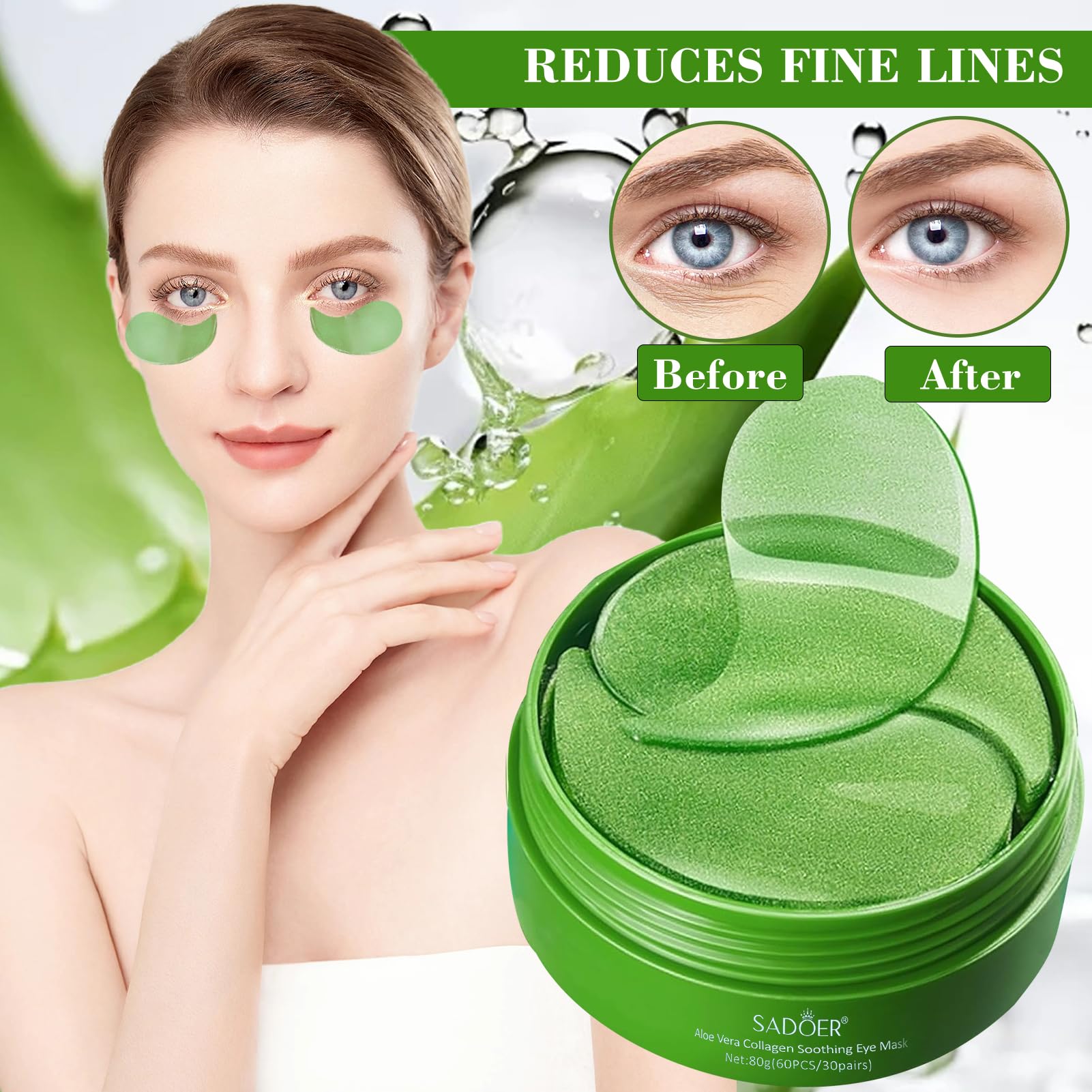 60 Pezzi Aloe Vera Maschera Occhi, Collagene Patch Occhi con Maschera per le Labbra, Patch Occhiaie e Borse, Anti-Rughe e Anti-Occhiaie, Rimuovi Borse e Puffiness, Idrata Anti-Età
