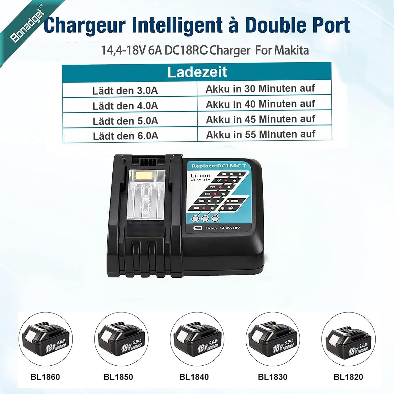 Bonadget Batteria di ricambio 18V 5.0Ah per caricabatterie 3A DC18RC compatibile con caricabatterie 14.4V18V BL1830 BL1850 BL1840 BL1860 BL1820 ecc. DC18RC DC18RD DC18SF