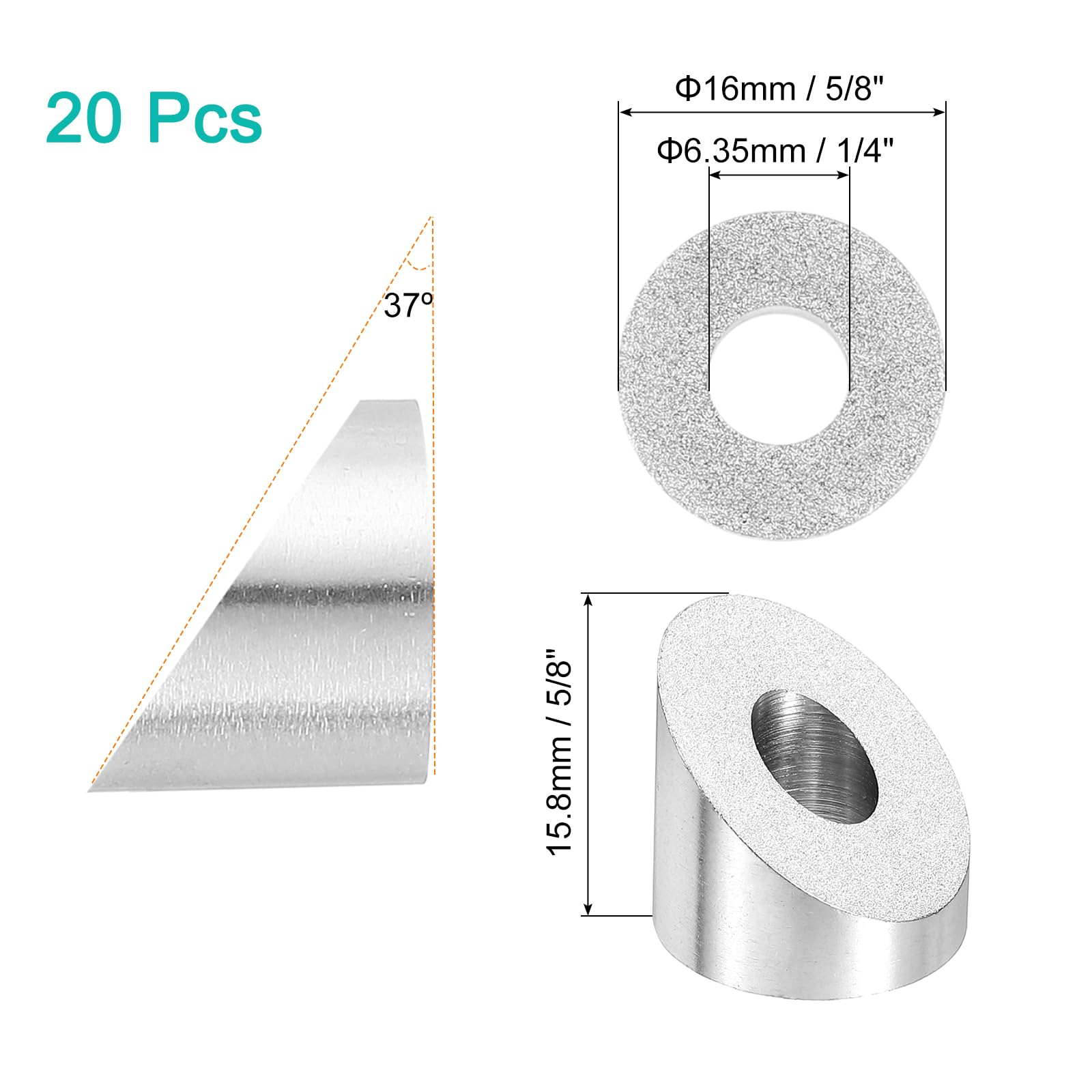 QUARKZMAN 20 Pcs 1/4" 37 Gradi Angolo Rondella Smussata, T316 Acciaio Inossidabile Rondella Angolata per Ringhiere Cavi Estremità Scale Paletti Legno Metallo, Argento