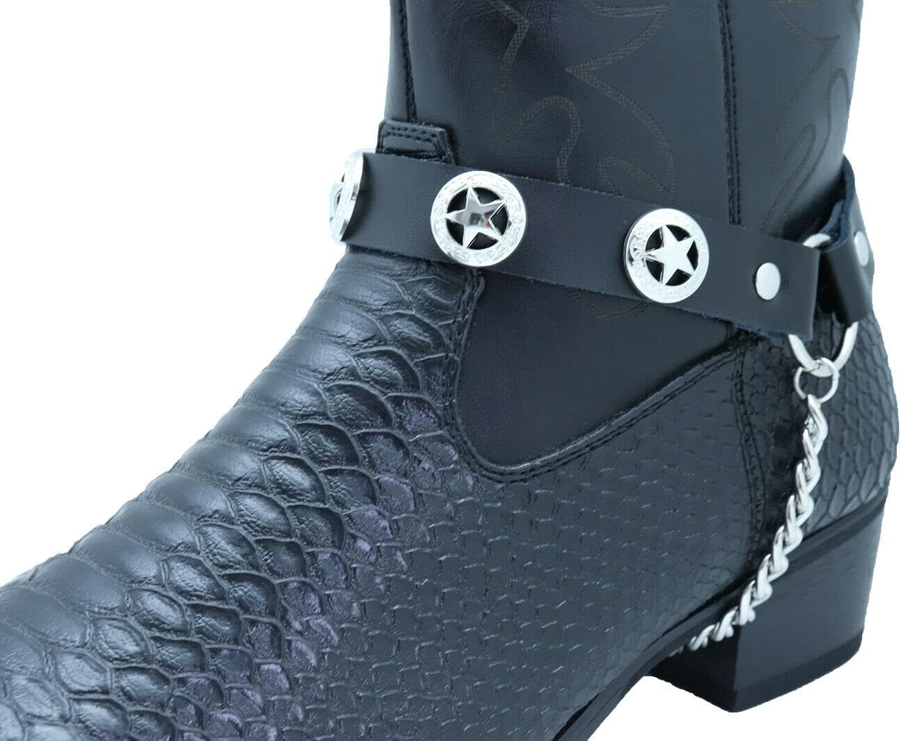 TrendyFashionJewelry Men Biker Jewelry Boots Black Faux Leather Pair Straps Silver Metal Chains Weekend Texas Star Charm