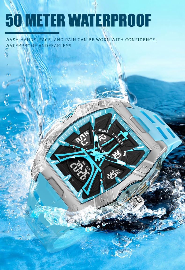 Gosasa Montre de sport analogique et numérique pour homme - Résistante à l'eau jusqu'à 50 m - Avec rétroéclairage LED, chronomètre, alarme, date et semaine - Bracelet en silicone