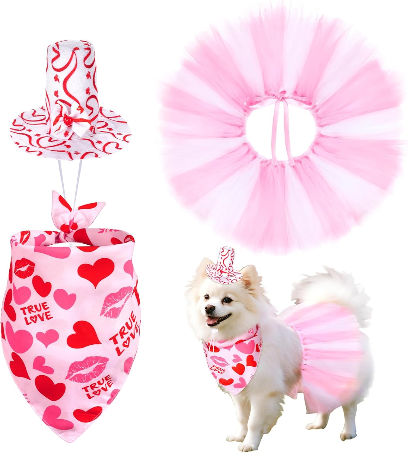 3 Piezas Disfraz Perro San Valentín Rosa con Tutú, Bufanda y Gorro