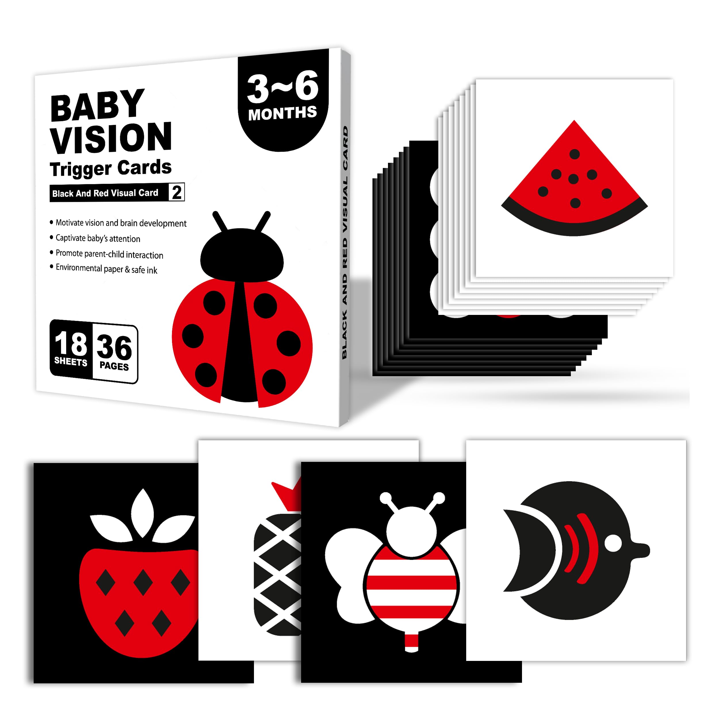 Lefan New Born Baby Essentials High Contrast Black and White Vision Flash Cards 18 Cards 36 Pages Ideal Toys for 6 to 12 Months for 0 to 18 Month Babies Books (Baby Vision Cards 3-6)-image-28