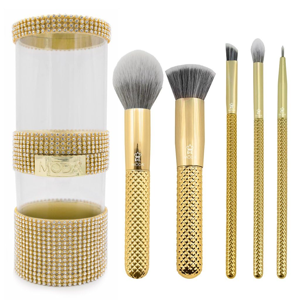 MODA Metallics 6-Piece Full Face Makeup Brush Set – Gold Vegan Cosmetic Brushes for Foundation, Highlight, Eyes & More