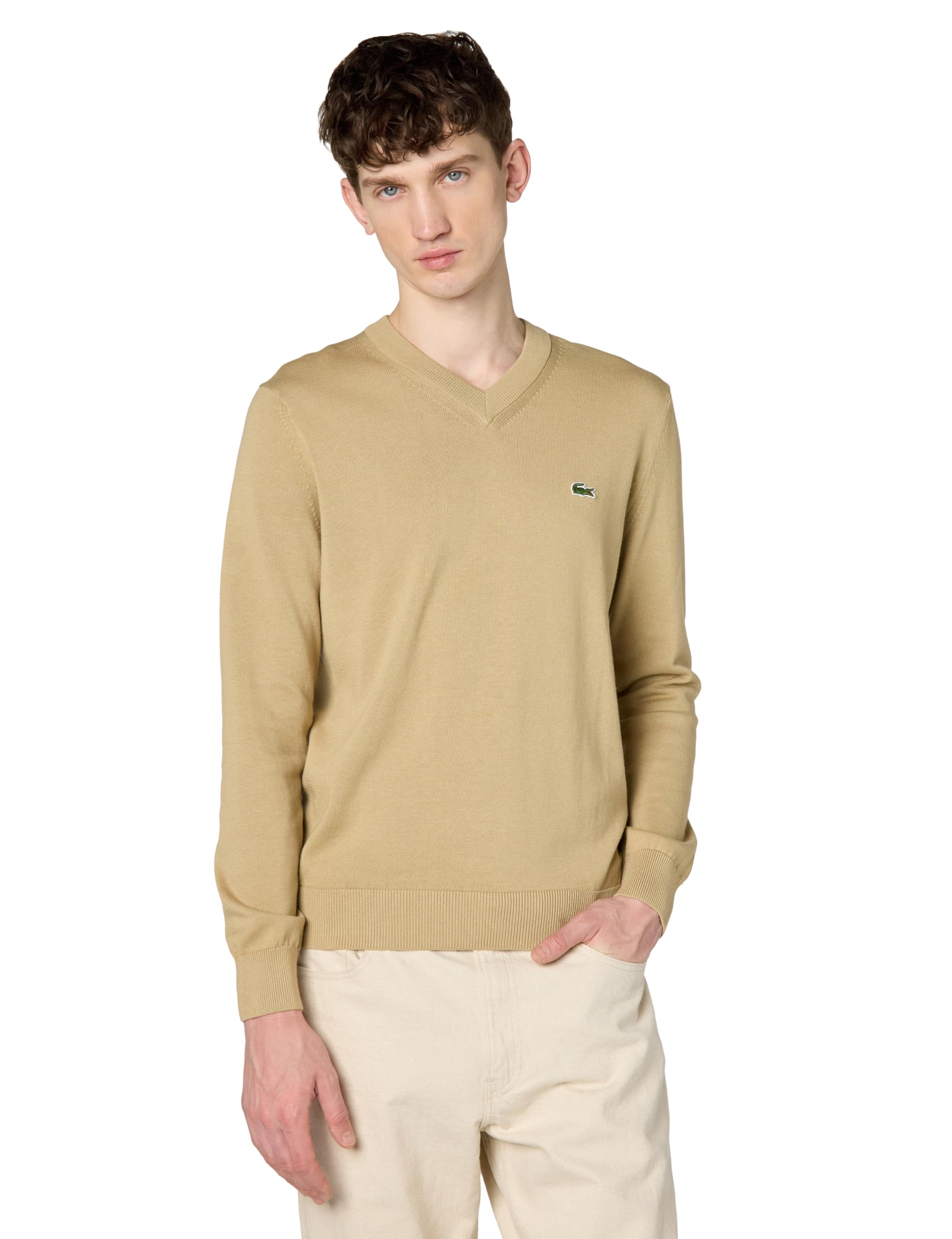 

                                                    Lacoste Men's Monochrome Cotton V-Neck Sweater, Vi
