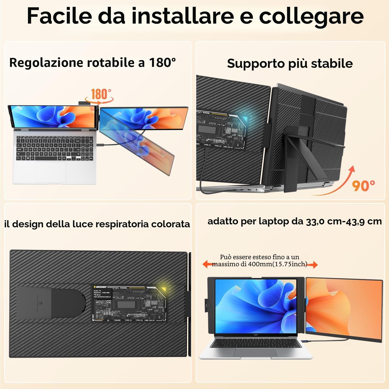Monitor Portatile Aggiornato Da 15,6”, Estensore Del Doppio Monitor Del Laptop Portatile Fhd 1080p Ips, Estensore Dello Schermo Da Viaggio Staccabile Adatto A Computer Portatili Da 13-17,3”