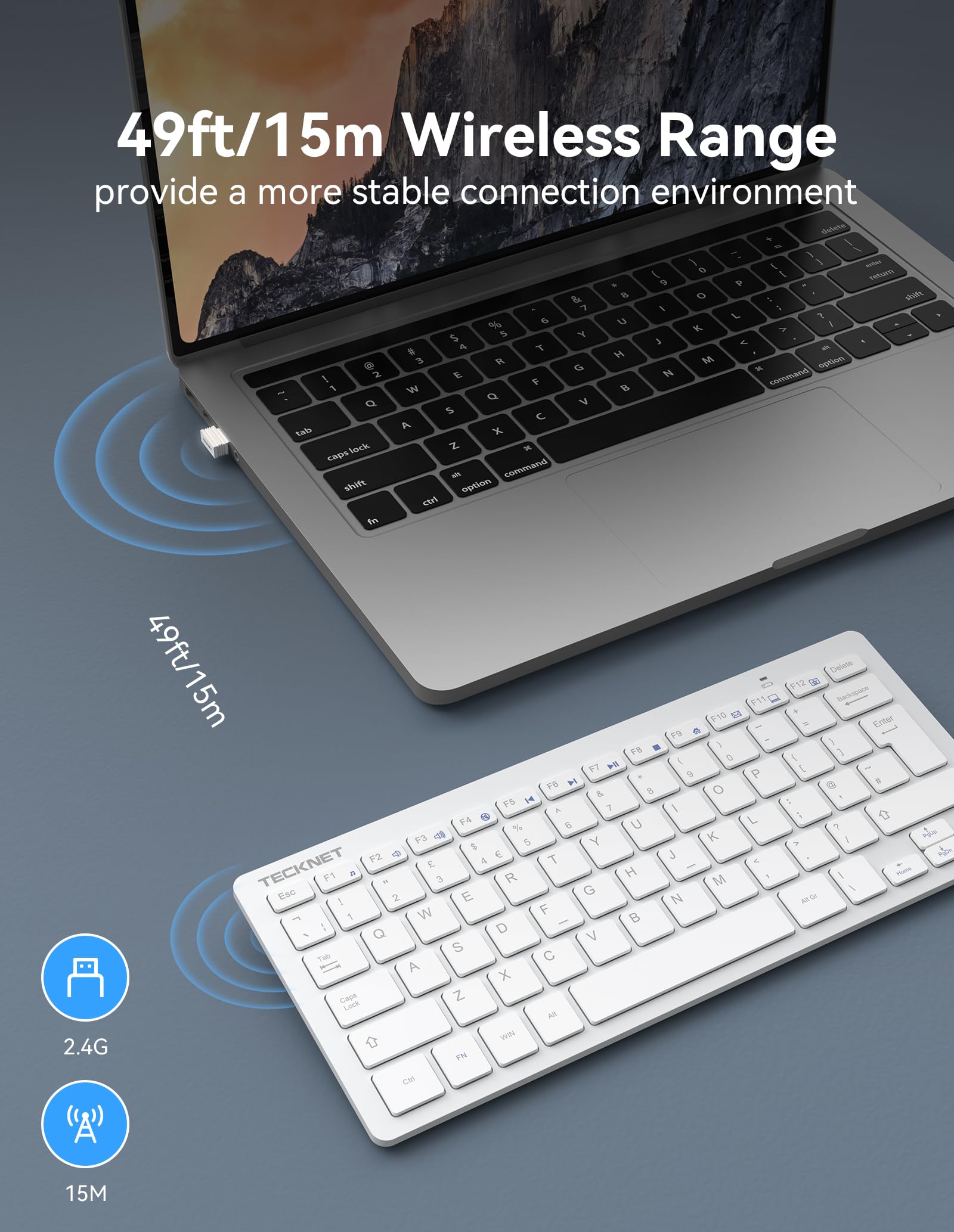 TECKNET Set Tastiera E Mouse Wireless QWERTY Spagnolo – Mini Tastiera Silenziosa Con 12 Tasti Multimediali, Mouse Ottico 1600 DPI, Ricevitore Unico - 2