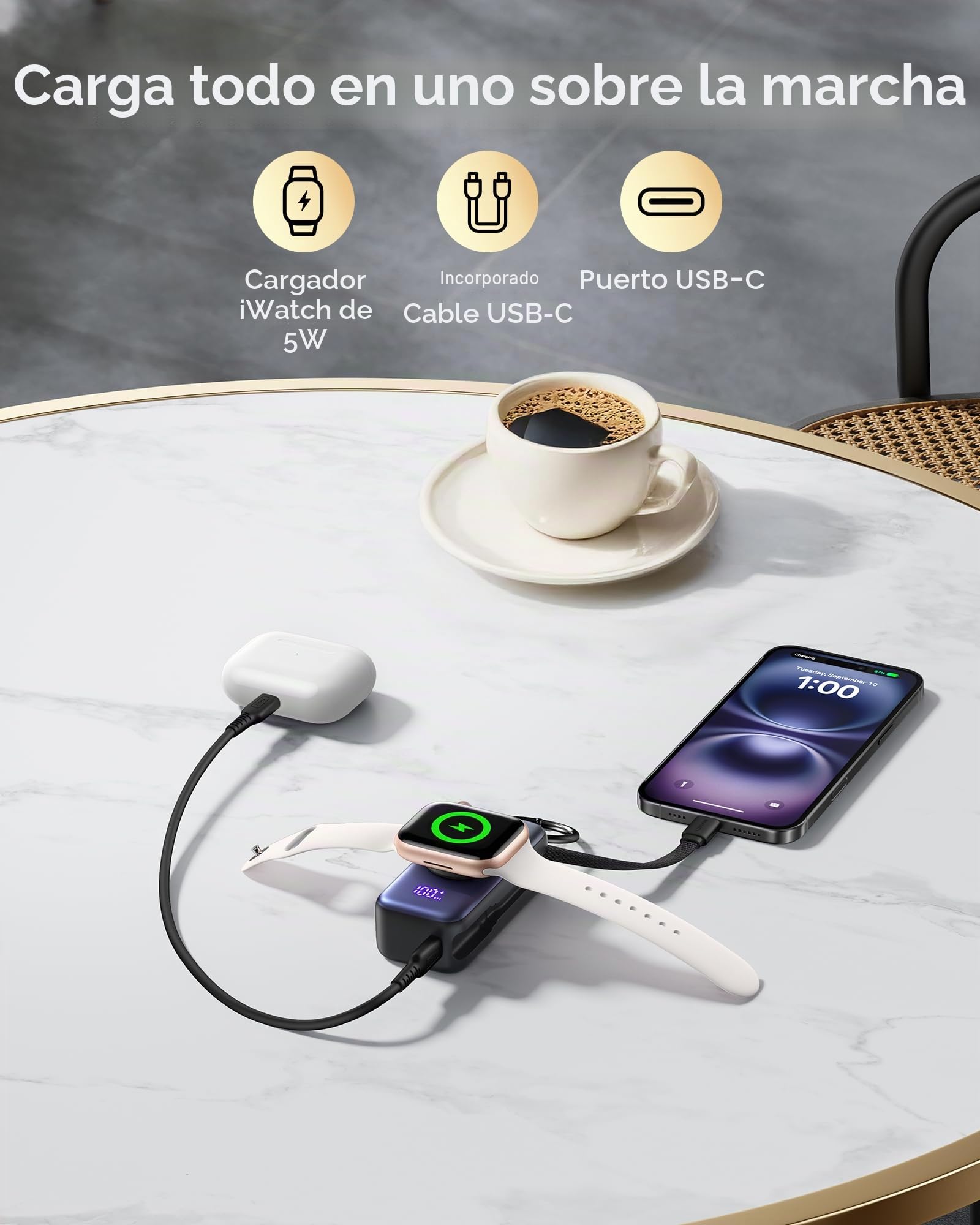INIU Power Bank para Apple Watch, 5000mAh Batería Externa con Cable Incorporado, Cargador Portátilpara Delgado con Llavero de Viaje Pantalla LCD para iWatch 10/9/8/Ultra2/Ultra/SE, Blanco