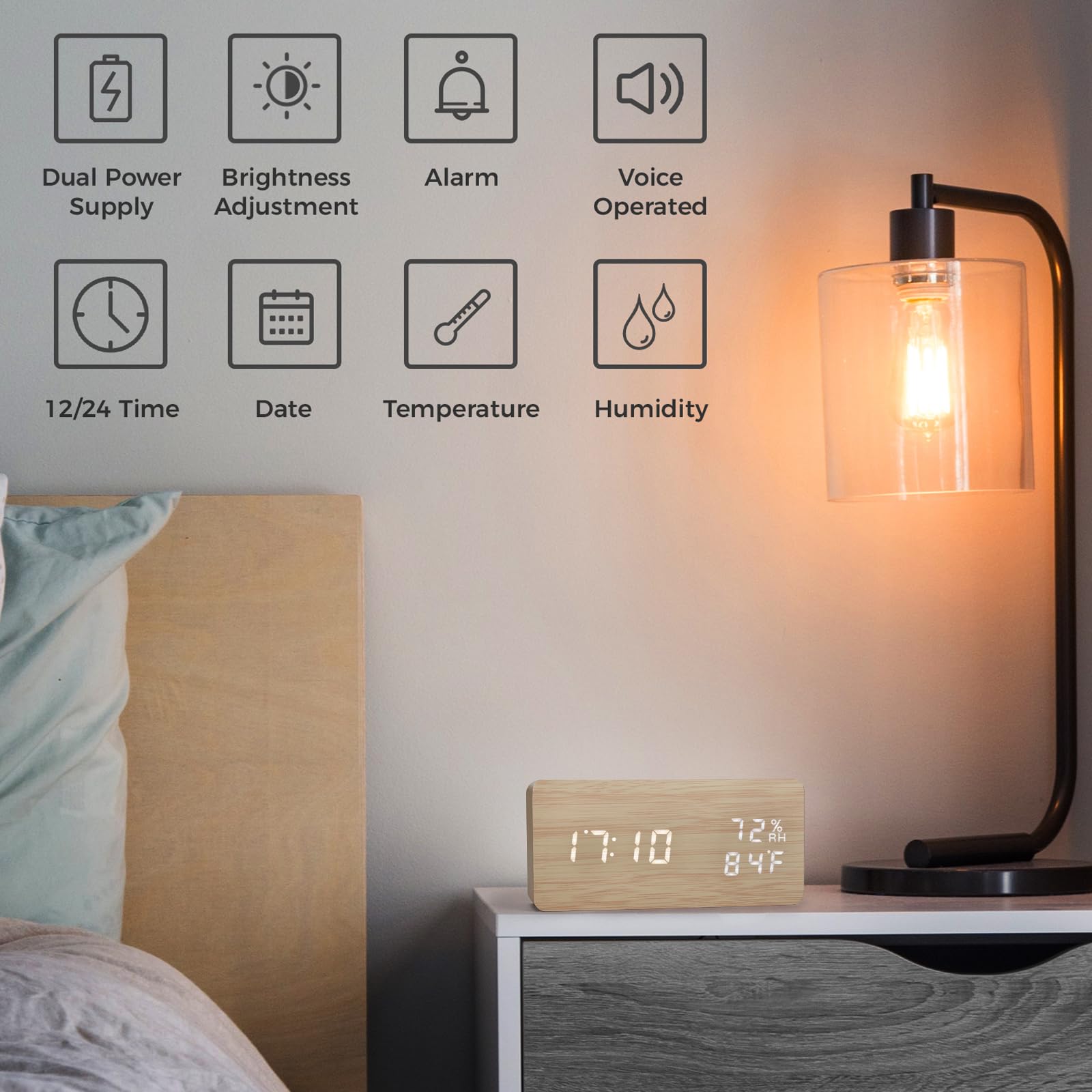 Budzik ziarna drewna Drewniany zegar elektroniczny LED cyfrowy zegar z wyświetlaczem czasu,daty, temperatury, 3 poziomy jasności i sterowania głosem (Prostokąt Kolor Drewna)