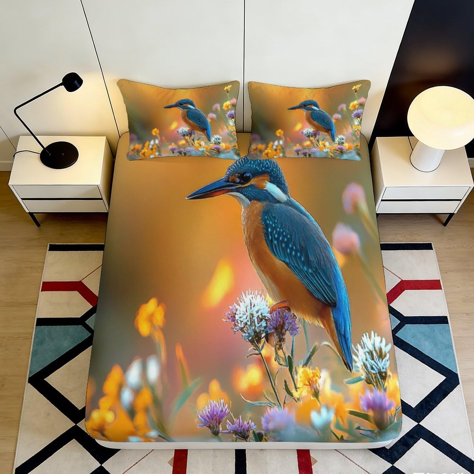 3D Printed Kingfisher Bird Fitted Sheet Microfiber Soft Floral Meadow Mattress Cover for Bedroom Dorm Decoration Easy Care 90x200x25cm