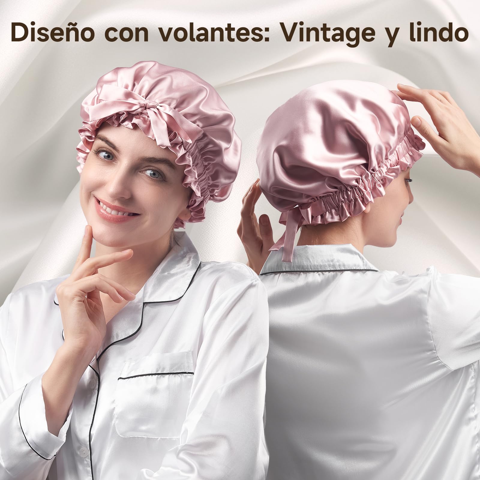 Umisleep Gorro de Seda de Morera de 22 mommes, 100% Seda de Morera, con Volantes, Doble Cara, Suave y Transpirable, Banda Ancha Ajustable para Cabello Rizado