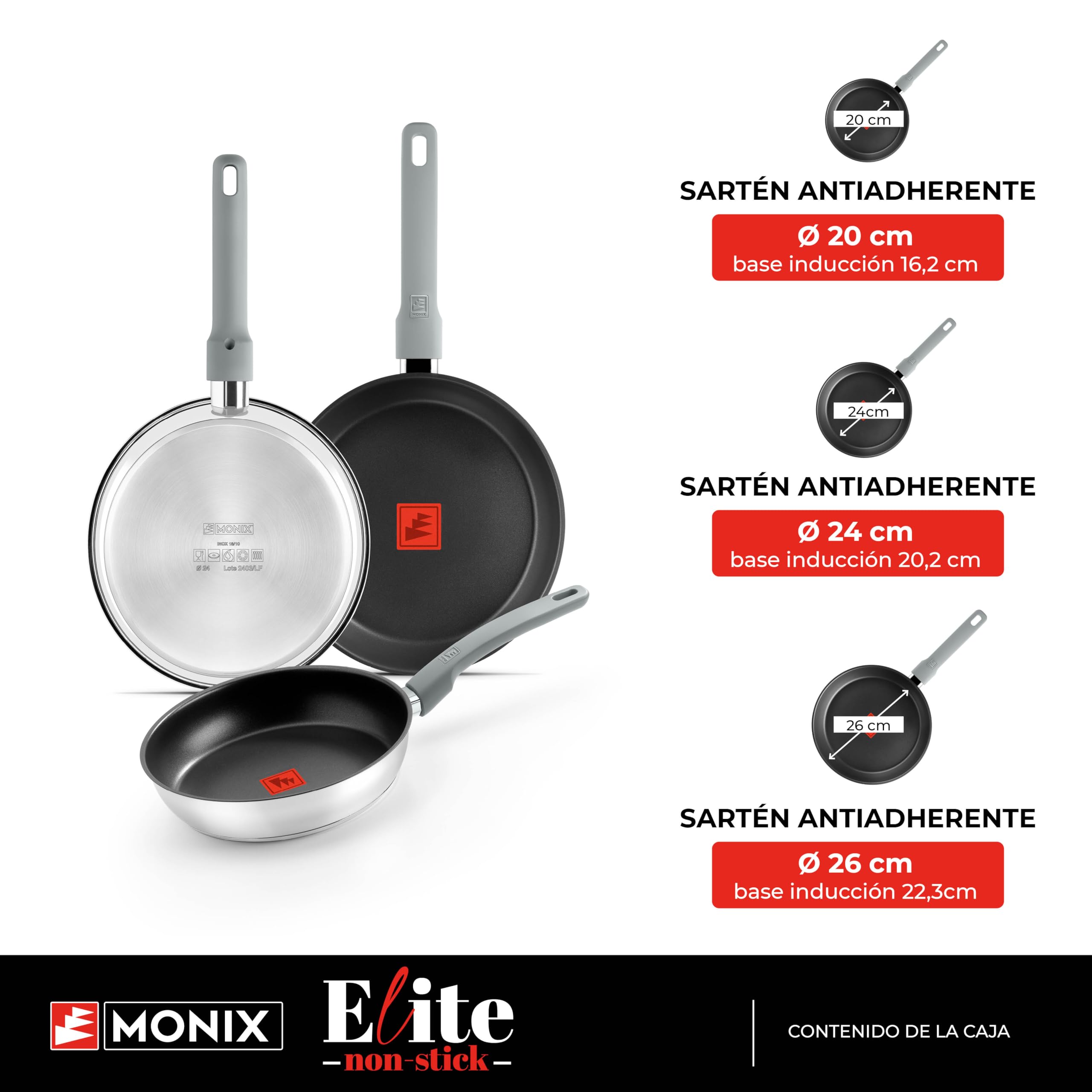 Monix Elite Non Stick | Set 3 sartenes 20-24-26 cm, acero inoxidable 18/10, Antiadherente Tricapa Sin PFOA, Indicador de Temperatura TherMonix, Mango ergonómico softouch