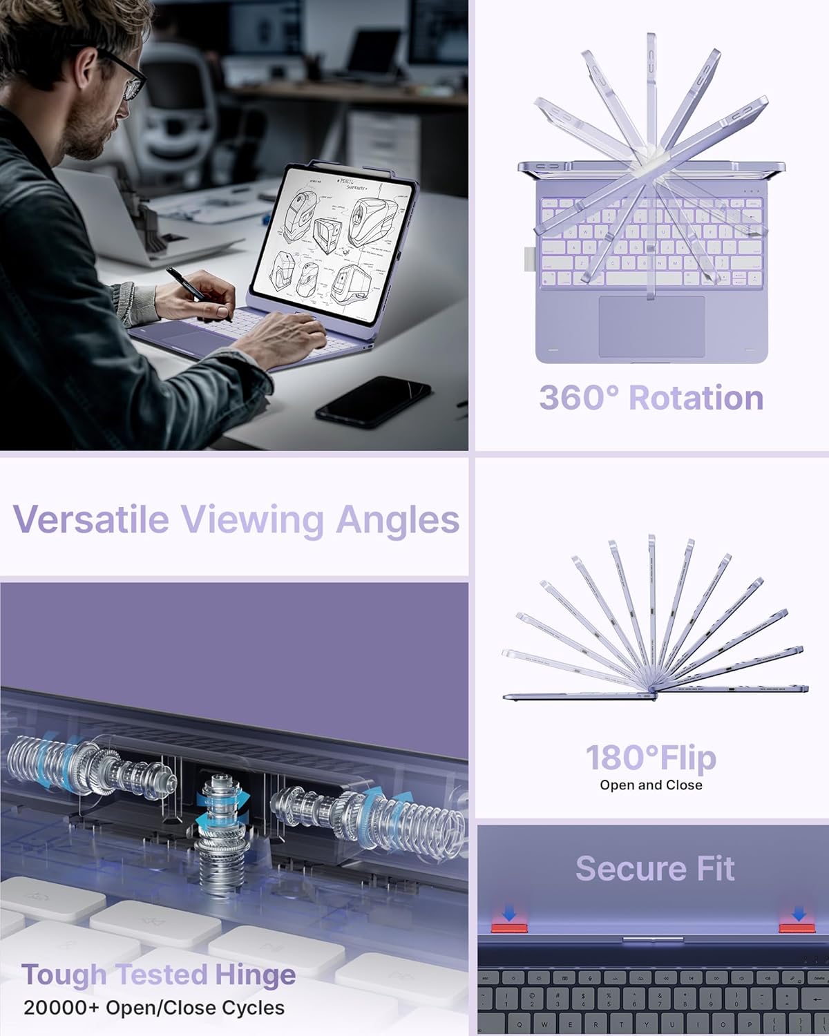typecase Touch Case with Keyboard for iPad Pro 13"(M5/M4, 2025/2024), iPad Air 13"(M4/M3/M2, 2026/2025/2024) & iPad Pro 12.9", Trackpad, 360° Rotatable, 11-Colors Backlit, Pale Purple