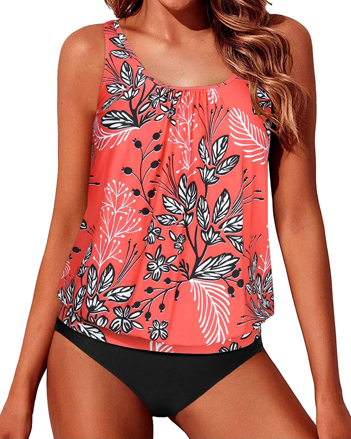 Blouson Tankini Swimsuits for Women Loose Fit Floral Printed Modest Two Piece Bathing Suits