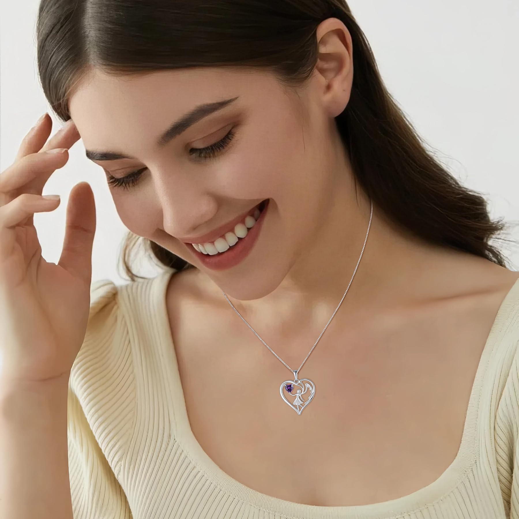 FJ Herz Schutzengel Kette Damen 925 Sterling Silber Engelsflügel Anhänger Halskette mit Geburtsstein Zirkonia Schmuck Geschenke für Frauen Mädchen