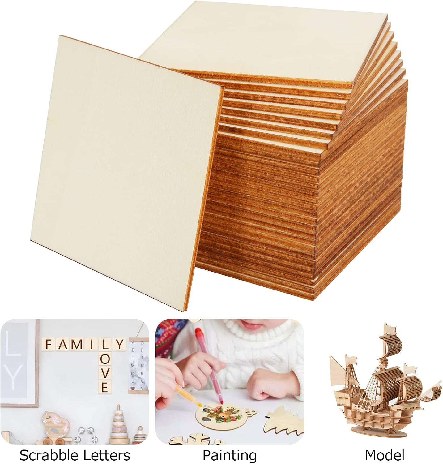100 Pieces 3x3 Inch Wood Squares Unfinished Basswood Plywood Wooden Sheets 1/8 inch Thick Blank Wood Squares for Crafts Painting Scrabble Tiles Mini House Building Wooden Plate Architectural Model