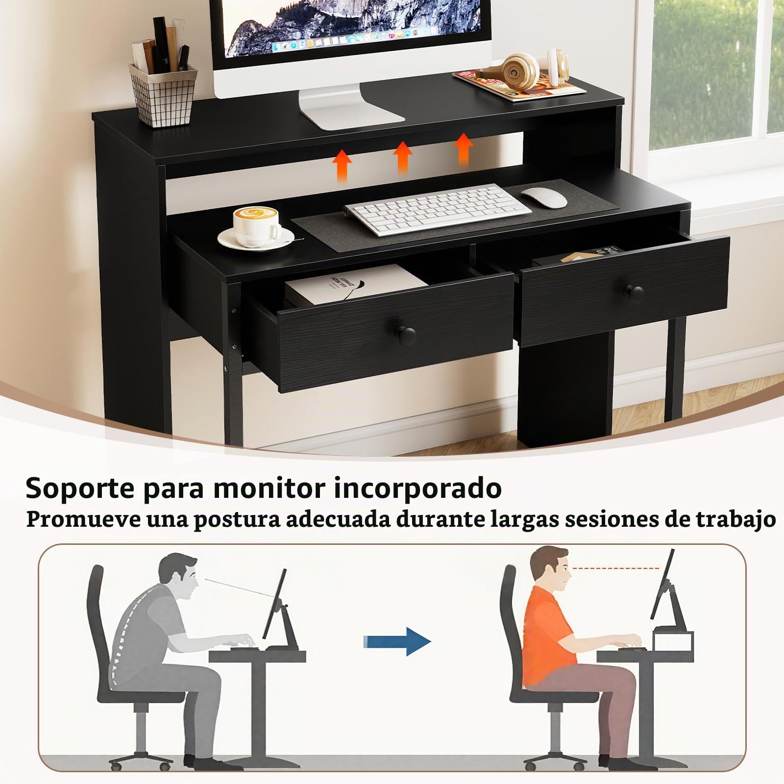 GIANTEX Escritorio de Ordenador con Tablero Extensible, 100 x 63 x 88 cm, 2 Cajones de Almacenamiento y Estante Abierto, Diseño Compacto con Ruedas, Mesa de Trabajo para Dormitorio, Oficina (Negro)