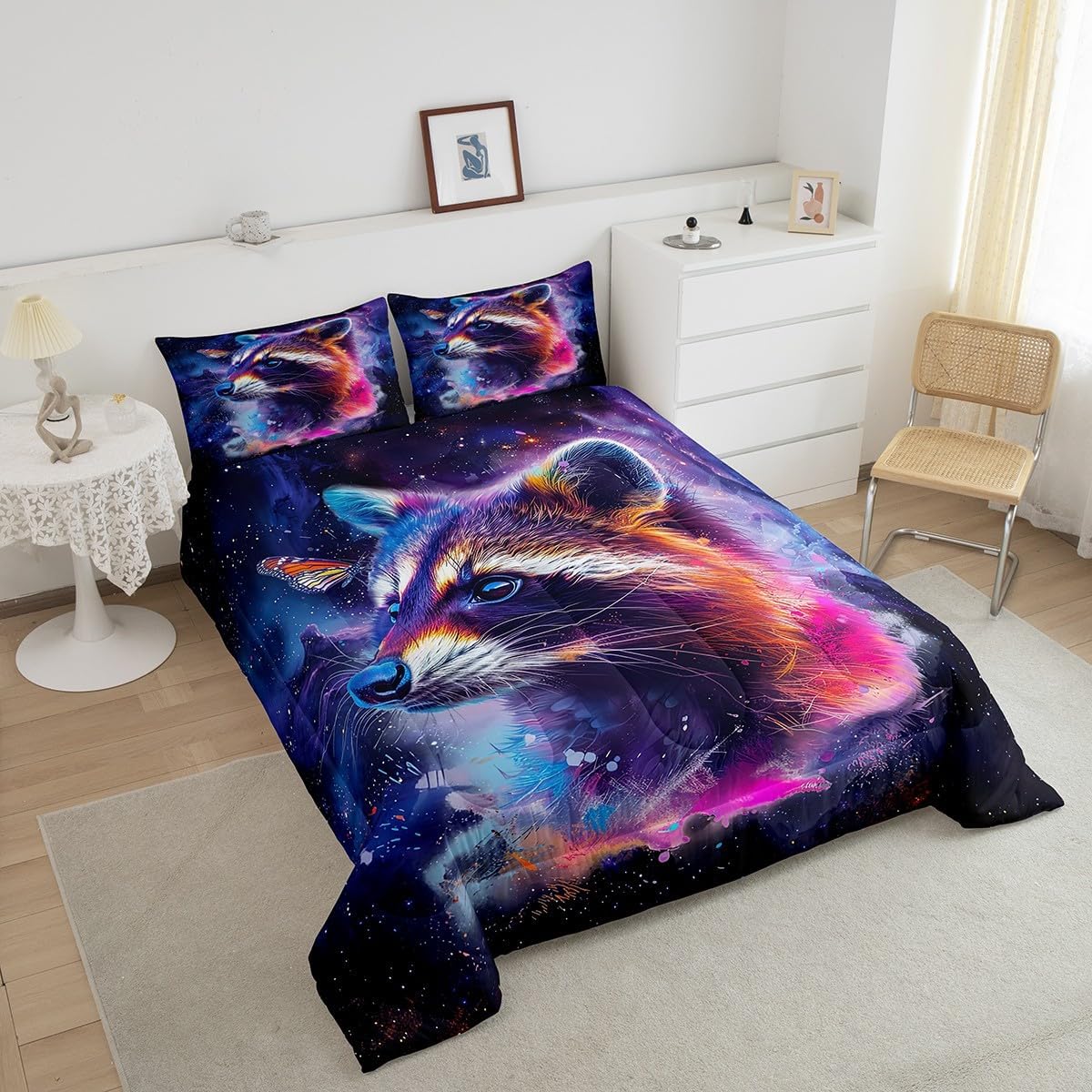 Erosebridal Cartoon Racoon Bedding Twin Size Watercolor Animal Comforter Set Twin for Boys Girls, Psychedelic Galaxy Stars Duvet Insert Rainbow Graffiti Quilt Comforter, Trippy Nebula Cosmos 05