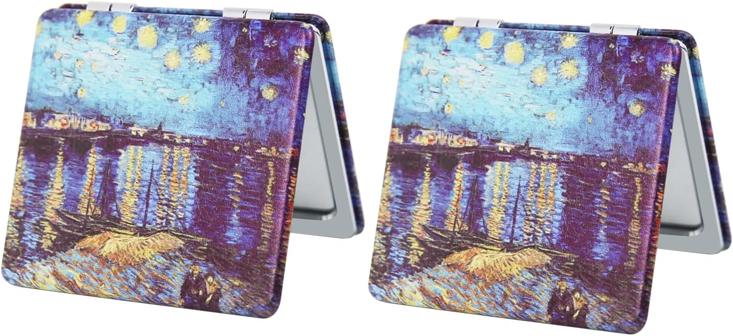 Pocket Mirror for Women, 2 Pcs Square 2.8” PU OilPainting Style Double Sided 1X/3X Mirror for Purse Travel Compact Mirror (OP02)