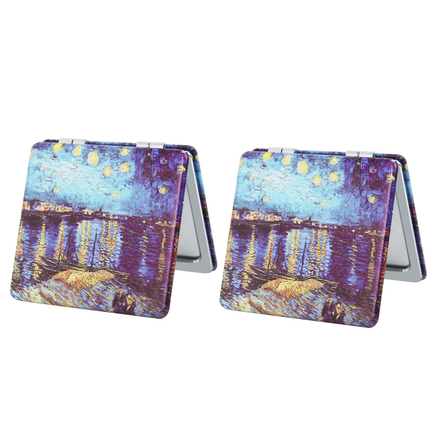 Pocket Mirror for Women, 2 Pcs Square 2.8” PU OilPainting Style Double Sided 1X/3X Mirror for Purse Travel Compact Mirror (OP02)