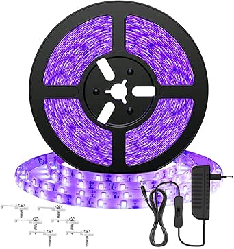 Onforu 5M UV Ruban LED, Bande LED Lumière Noire, 12V 2835 Bandeau LED Lumière Violette, 300 LEDs Ultraviolet Eclairage Ambiance pour Halloween, Noël, DJ Soirée, Disco, Body Painting, Peinture Fluo