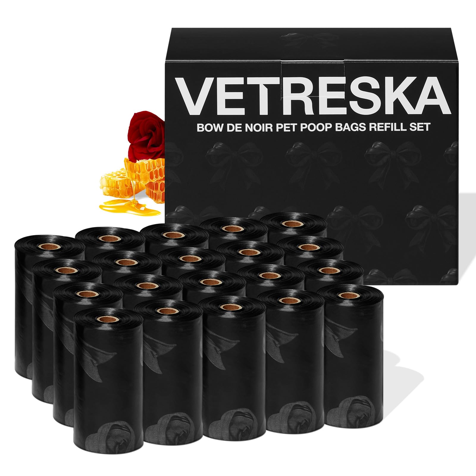 VETRESKA Dog Poop Bags 300 Count - 20 Scented Refill Rolls, Extra Thick Leak Proof Pet Waste Bags for Large Dog, Puppy & Cat Litter, Strong Dog Poo Bags, Rose & Honey Scented, Bow Noir