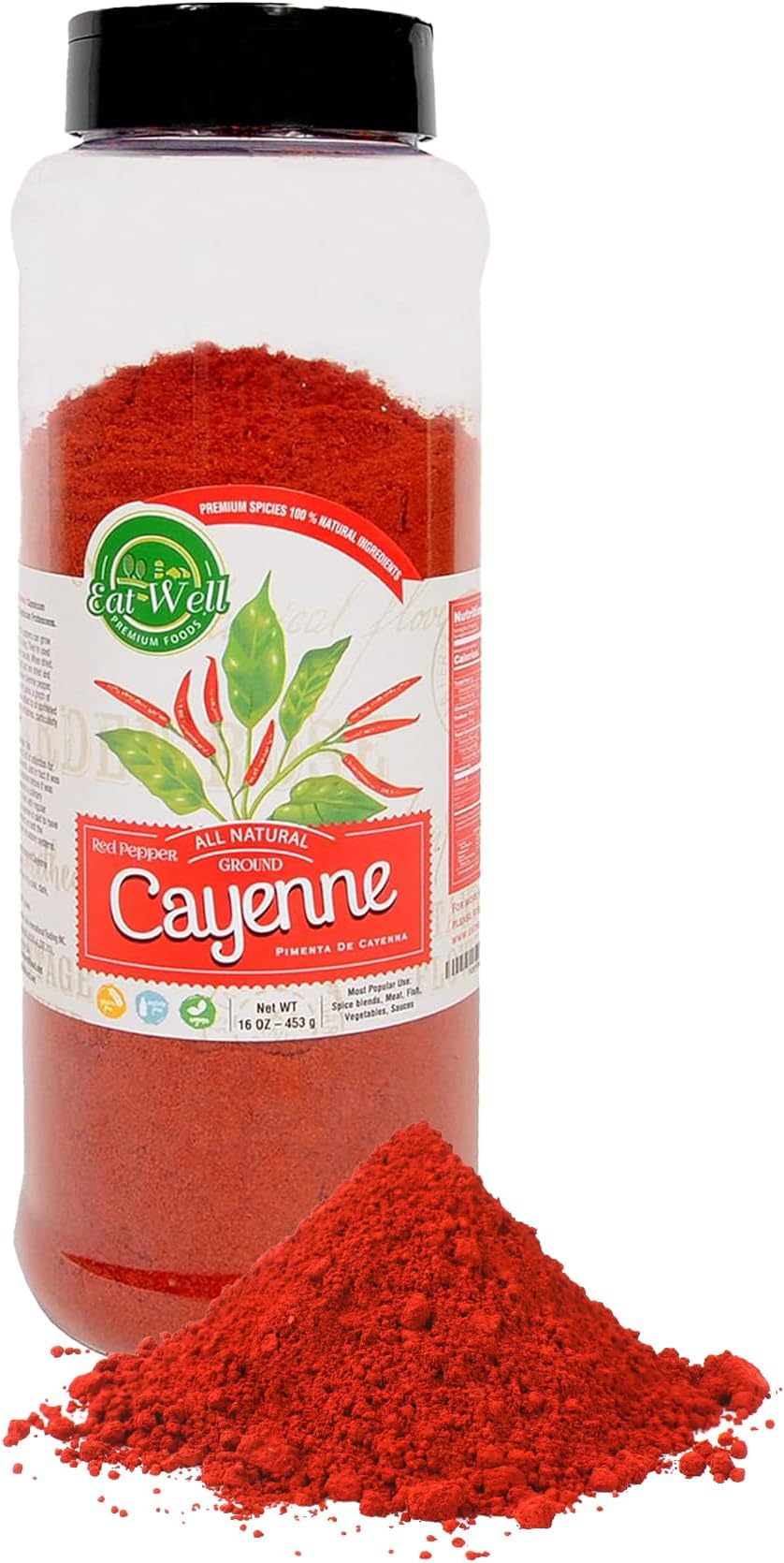 EAT WELL PREMIUM FOODSGround Cayenne Pepper Powder Extra Bulk Size (16 oz - 453g), 100% Natural Red Pepper Spice, Hot Cayenne Pepper, Chilli Pepper Ingredients for Cooking, Large Size Cayenne Powder