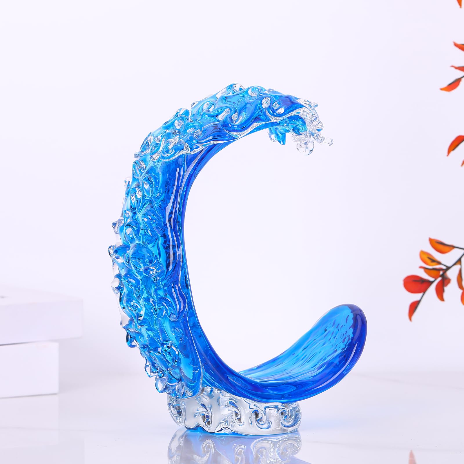 LCCCK Décoration de maison de plage en verre bleu soufflé à la main, grande sculpture en verre bleu pour décoration d'intérieur, figurines d'art fusionnées pour l'art de la mer, la plage, le littoral
