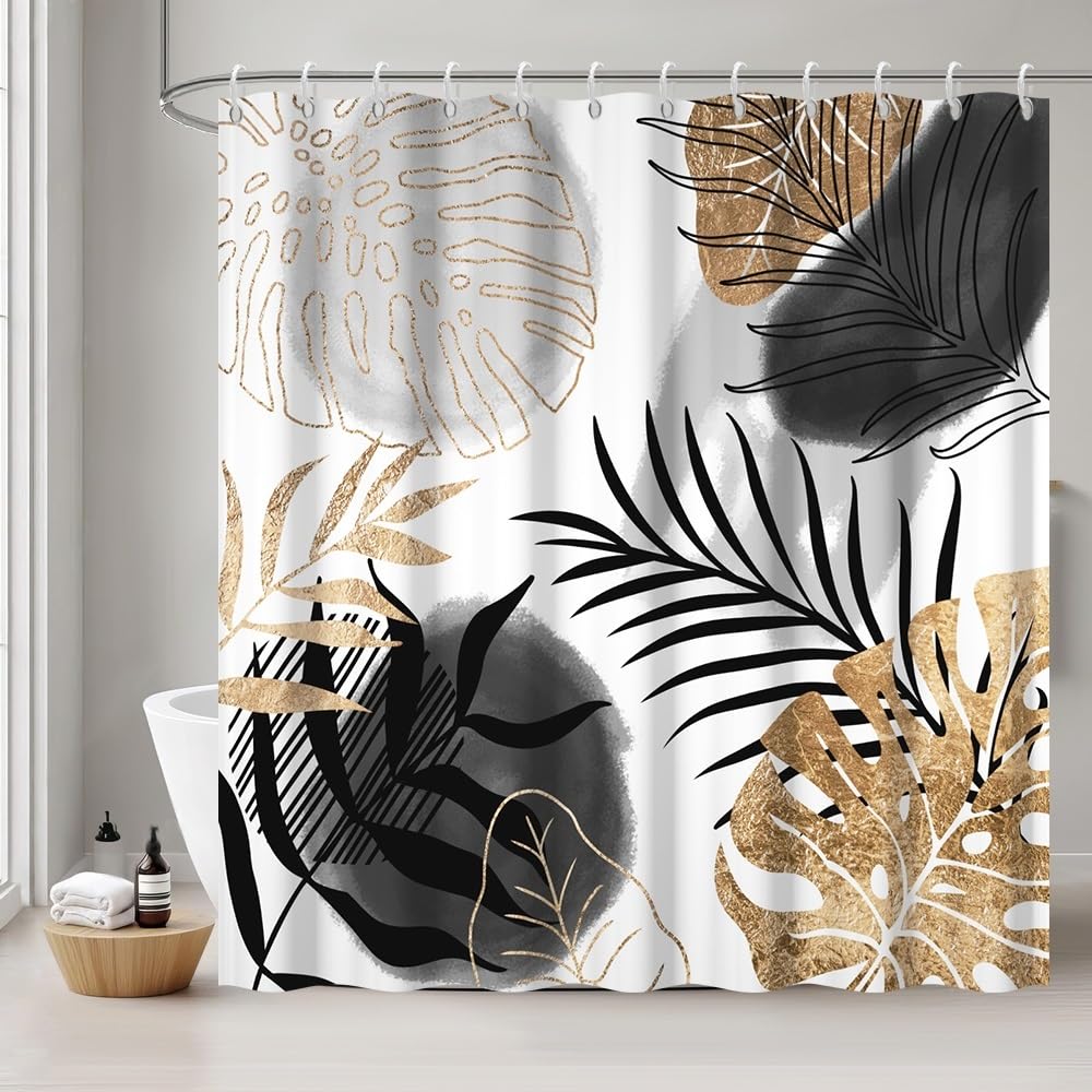 Uiiooazy Duschvorhang 180x180cm Anti Schimmel Schwarz Grau Tropisch | Duschvorhang Abstrakt Dschungel Palmenblätter Wasserdicht Stoff Polyester Waschbar Bad Vorhang mit 12 Haken für Badezimmer